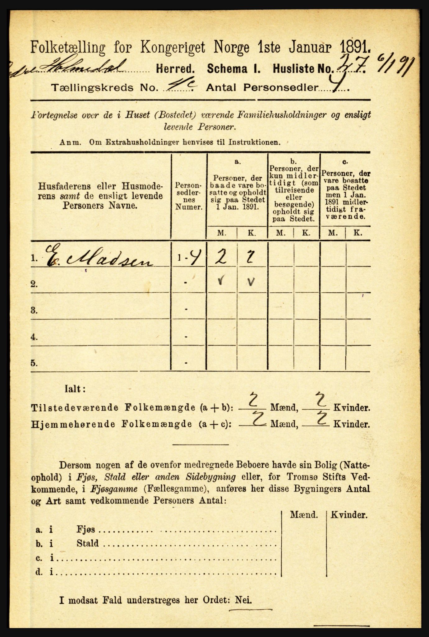 RA, 1891 census for 1430 Indre Holmedal, 1891, p. 1633