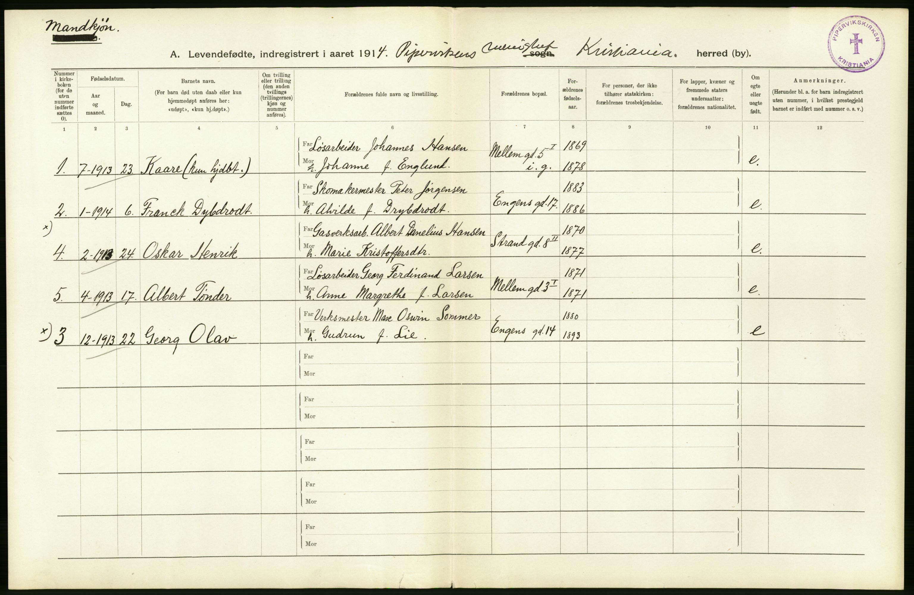 Statistisk sentralbyrå, Sosiodemografiske emner, Befolkning, AV/RA-S-2228/D/Df/Dfb/Dfbd/L0005: Kristiania: Levendefødte menn og kvinner., 1914, p. 14