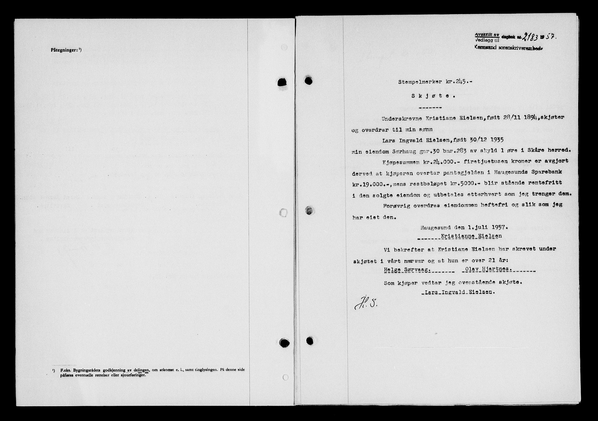 Karmsund sorenskriveri, AV/SAST-A-100311/01/II/IIB/L0125: Mortgage book no. 105A, 1957-1957, Diary no: : 2183/1957