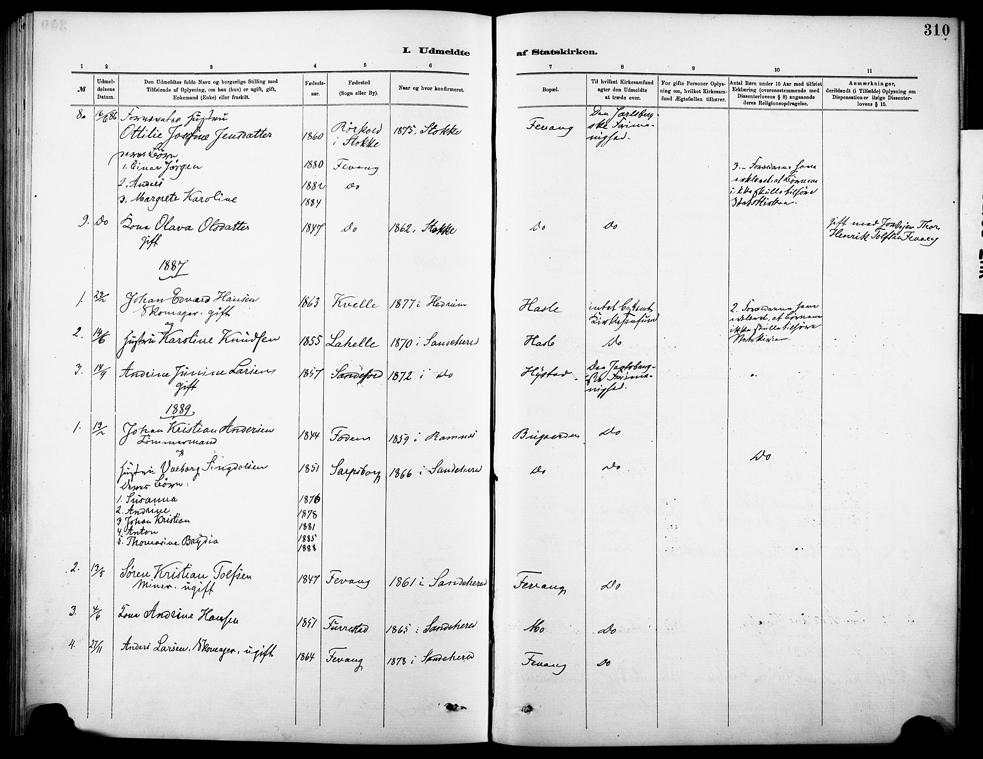 Sandar kirkebøker, SAKO/A-243/F/Fa/L0013: Parish register (official) no. 13, 1883-1895, p. 310