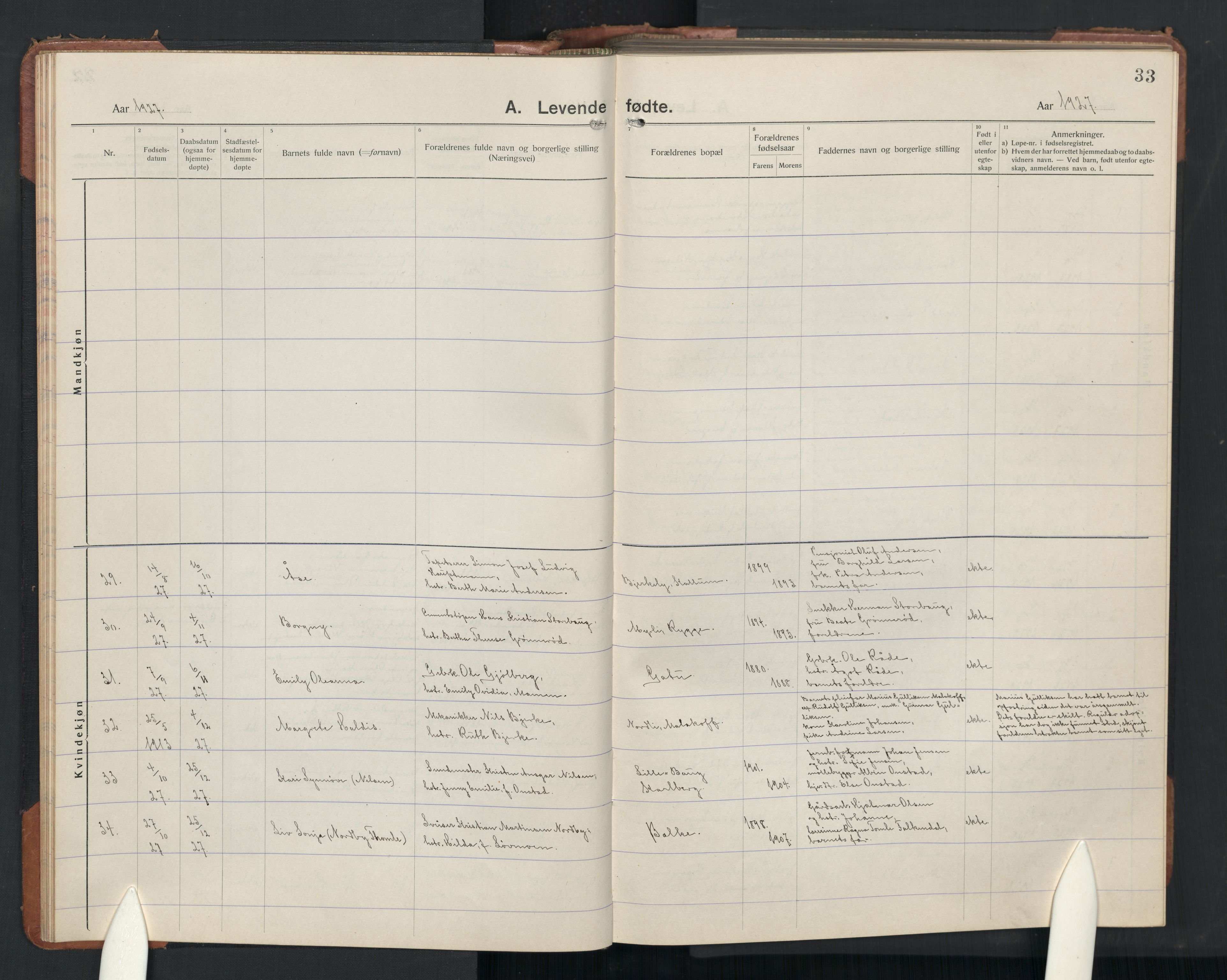 Rygge prestekontor Kirkebøker, SAO/A-10084b/G/Ga/L0004: Parish register (copy) no. 4, 1922-1953, p. 33