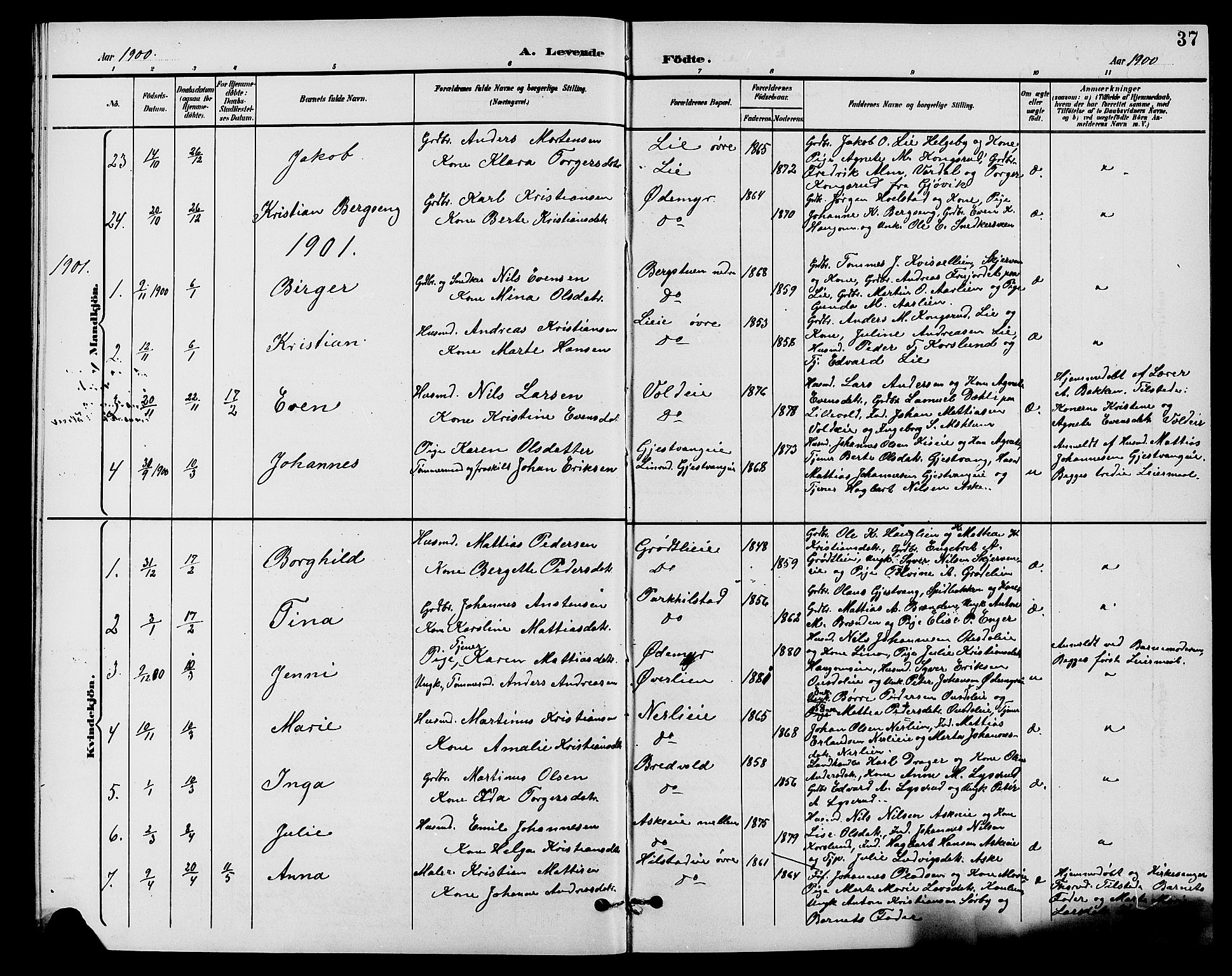 Nes prestekontor, Hedmark, AV/SAH-PREST-020/L/La/L0007: Parish register (copy) no. 7, 1892-1912, p. 37