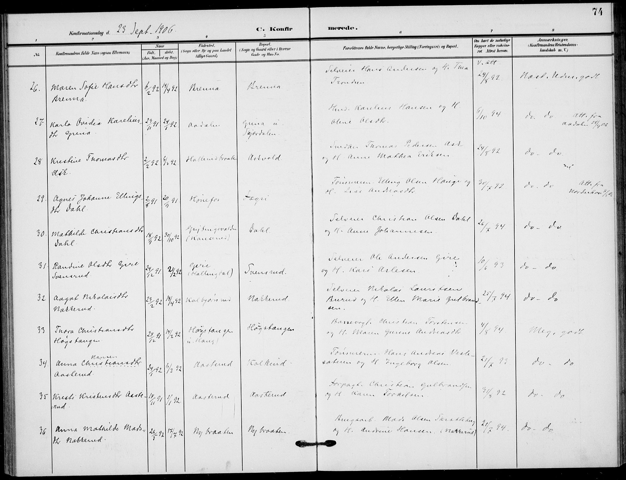 Hole kirkebøker, AV/SAKO-A-228/F/Fb/L0003: Parish register (official) no. II 3, 1906-1916, p. 74