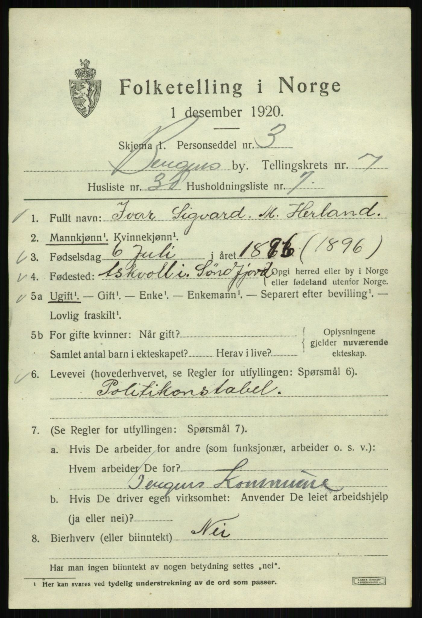 SAB, 1920 census for Bergen, 1920, p. 68378