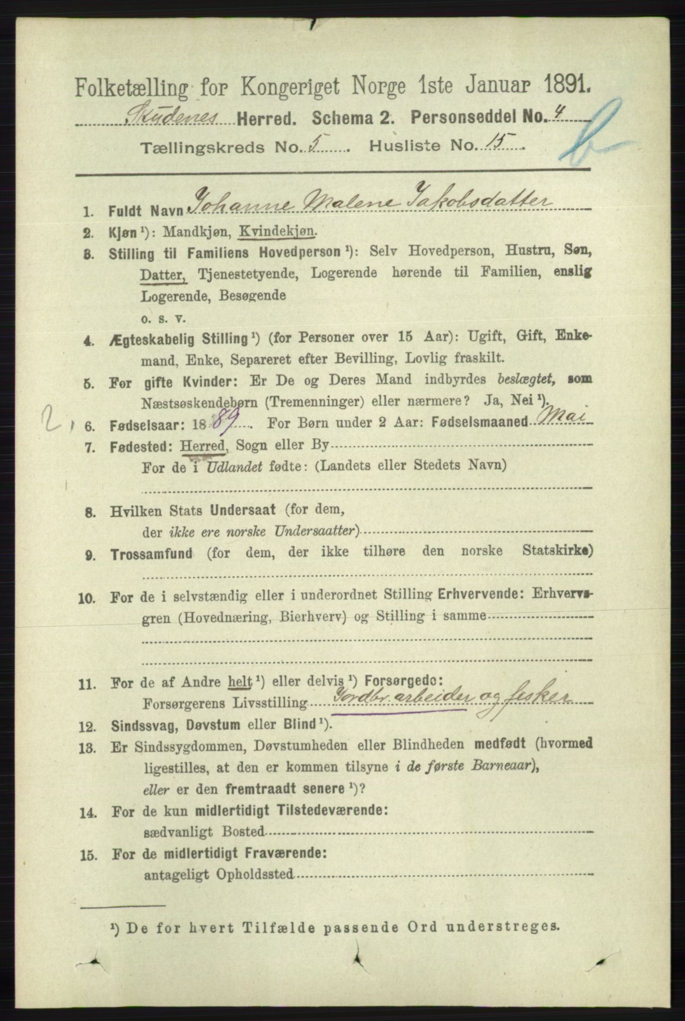 RA, 1891 census for 1150 Skudenes, 1891, p. 5310