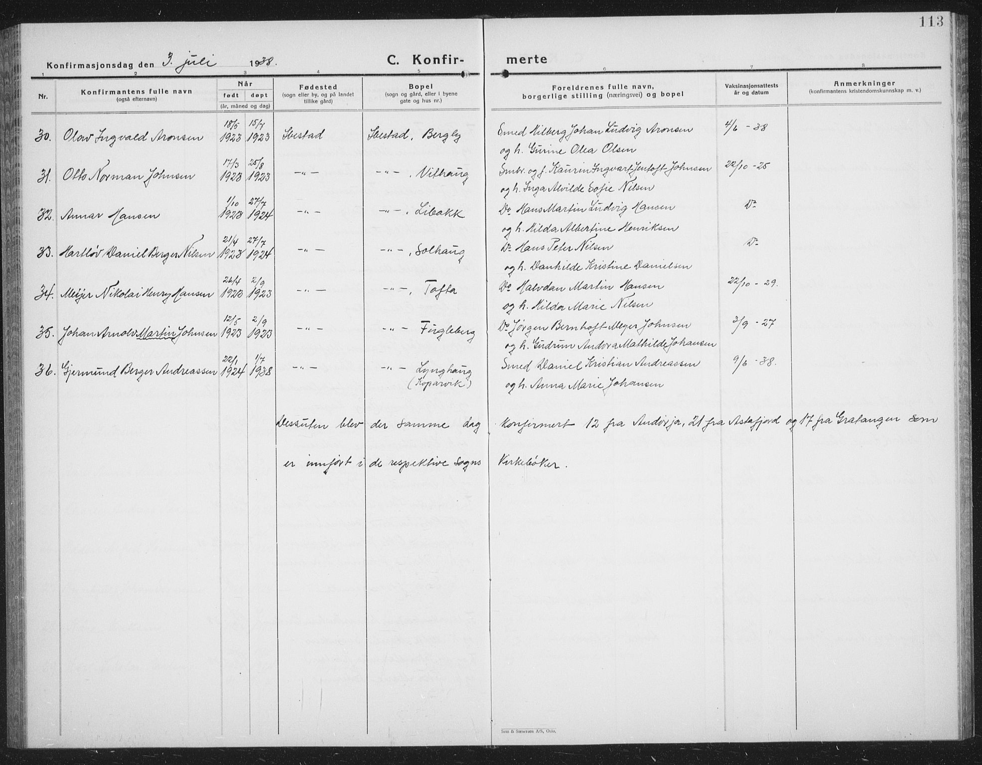 Ibestad sokneprestembete, AV/SATØ-S-0077/H/Ha/Hab/L0011klokker: Parish register (copy) no. 11, 1930-1942, p. 113