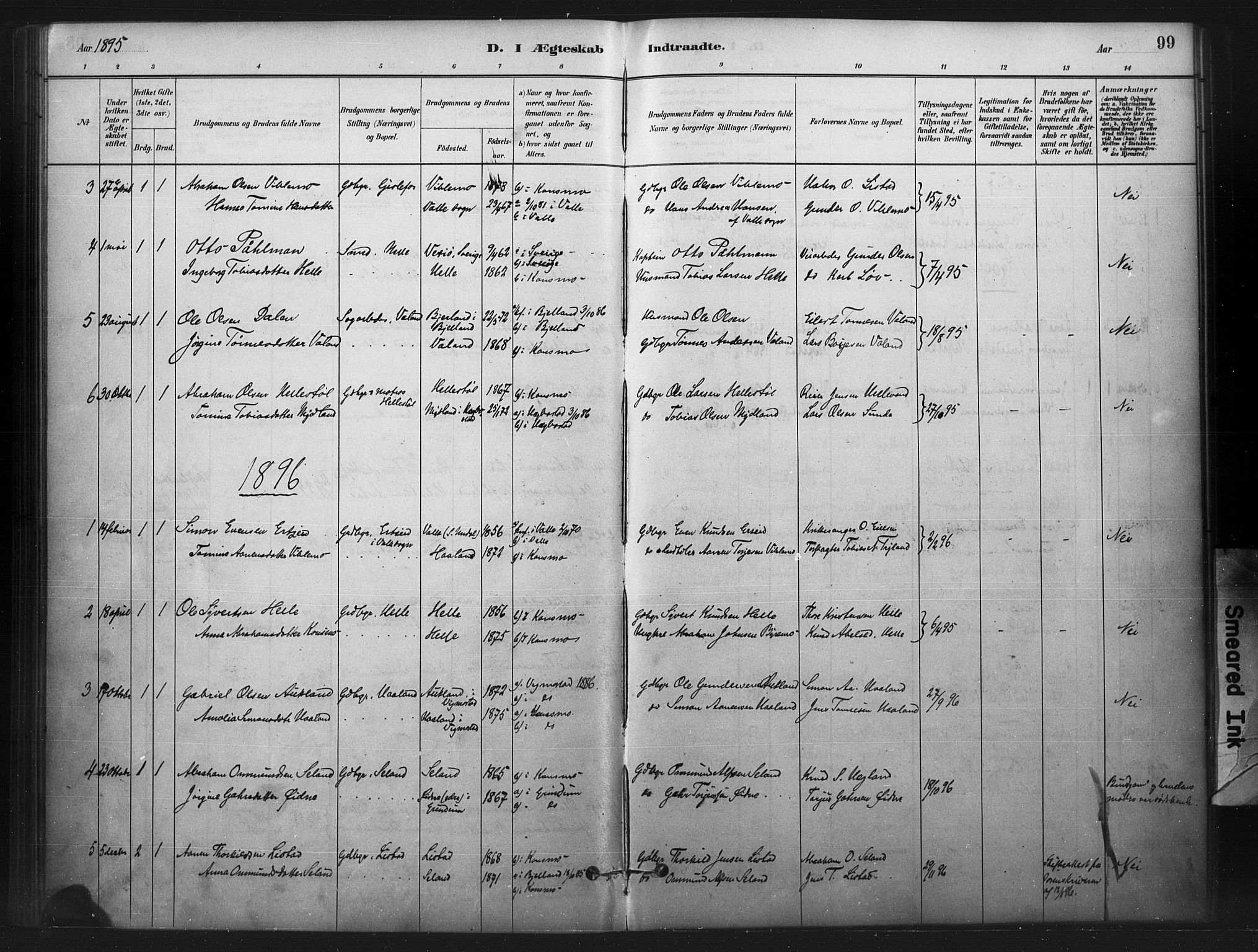 Nord-Audnedal sokneprestkontor, AV/SAK-1111-0032/F/Fa/Faa/L0003: Parish register (official) no. A 3, 1882-1900, p. 99