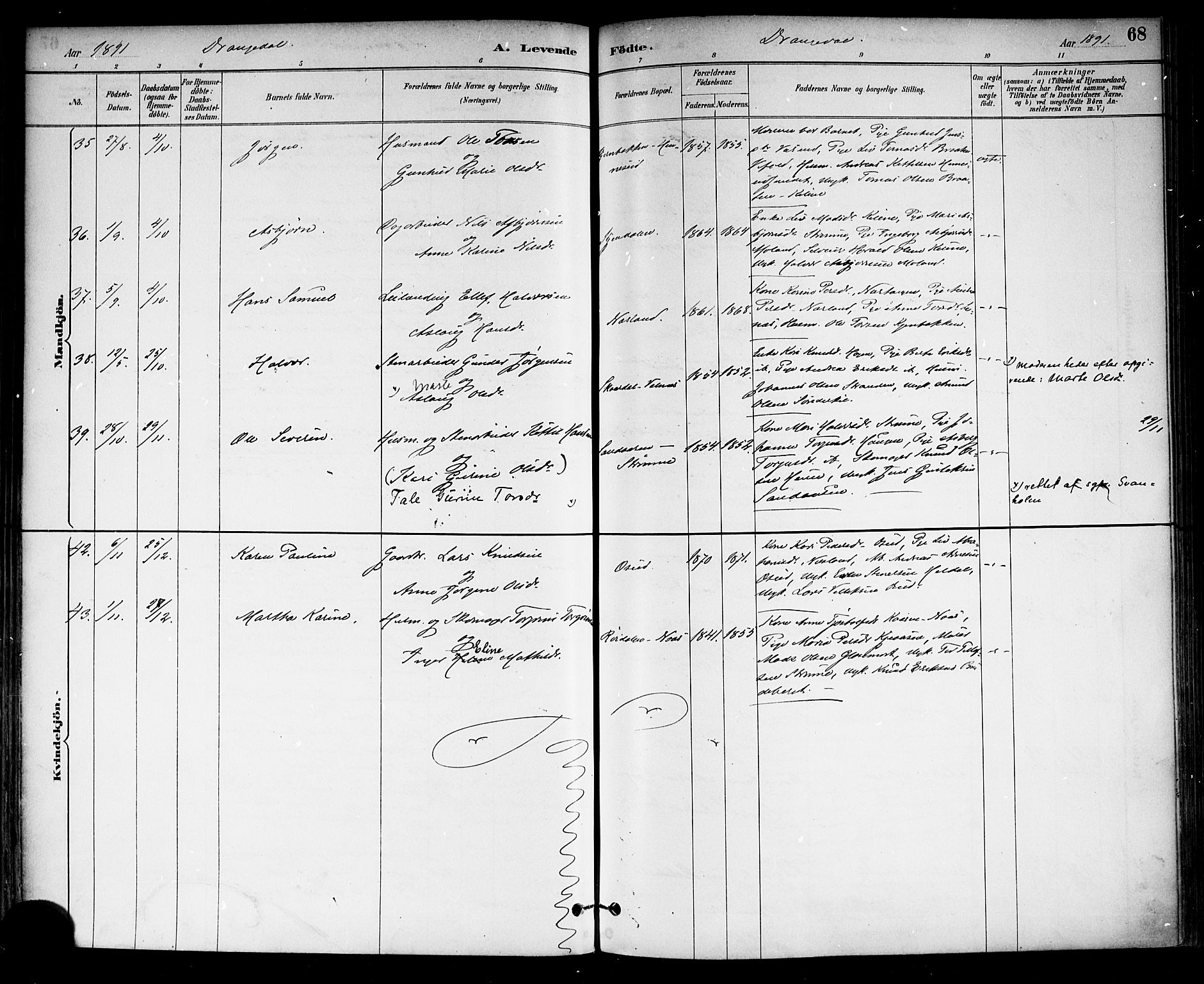 Drangedal kirkebøker, SAKO/A-258/F/Fa/L0010: Parish register (official) no. 10 /1, 1885-1894, p. 68