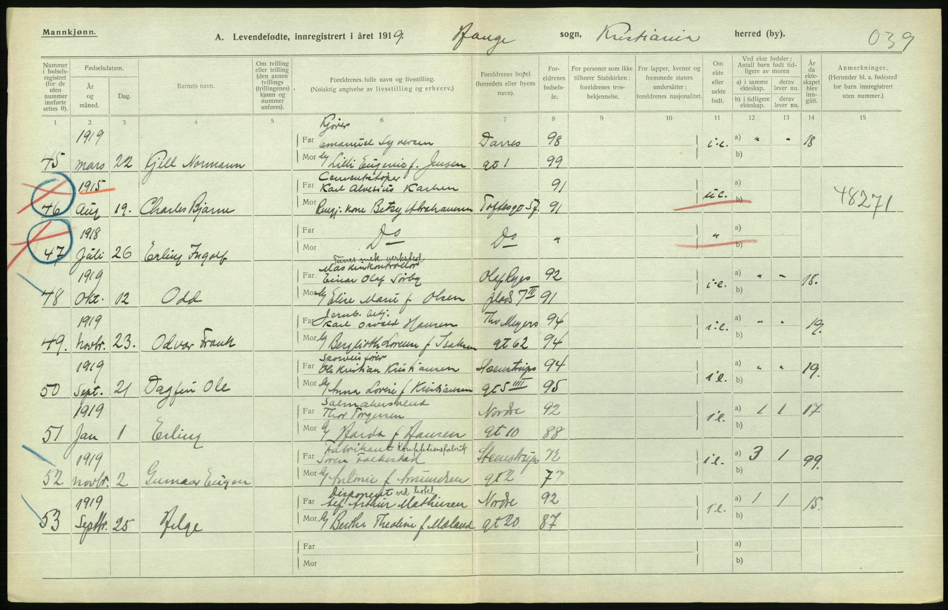 Statistisk sentralbyrå, Sosiodemografiske emner, Befolkning, AV/RA-S-2228/D/Df/Dfb/Dfbi/L0008: Kristiania: Levendefødte menn og kvinner., 1919