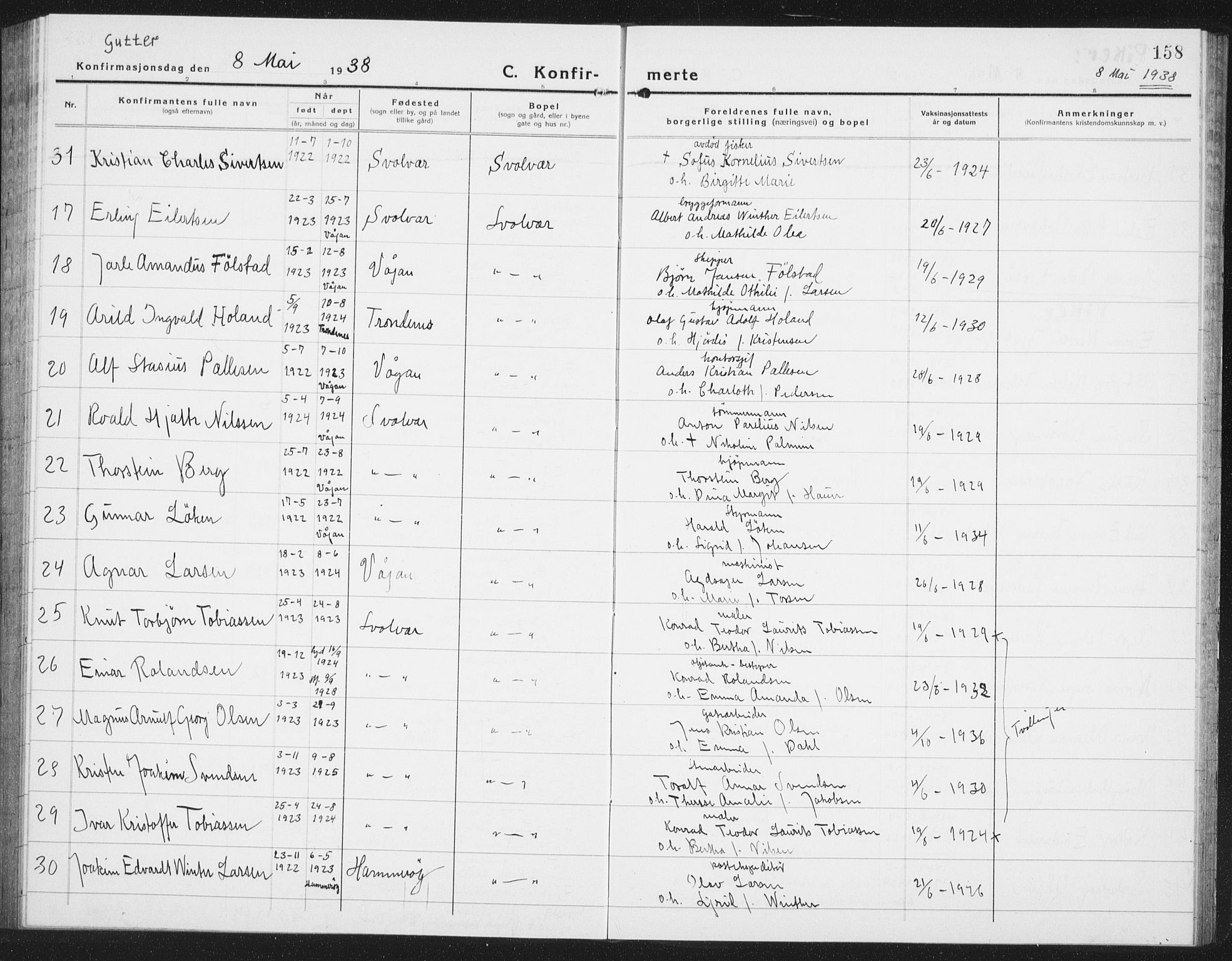 Ministerialprotokoller, klokkerbøker og fødselsregistre - Nordland, AV/SAT-A-1459/877/L1117: Parish register (copy) no. 877C01, 1923-1942, p. 158