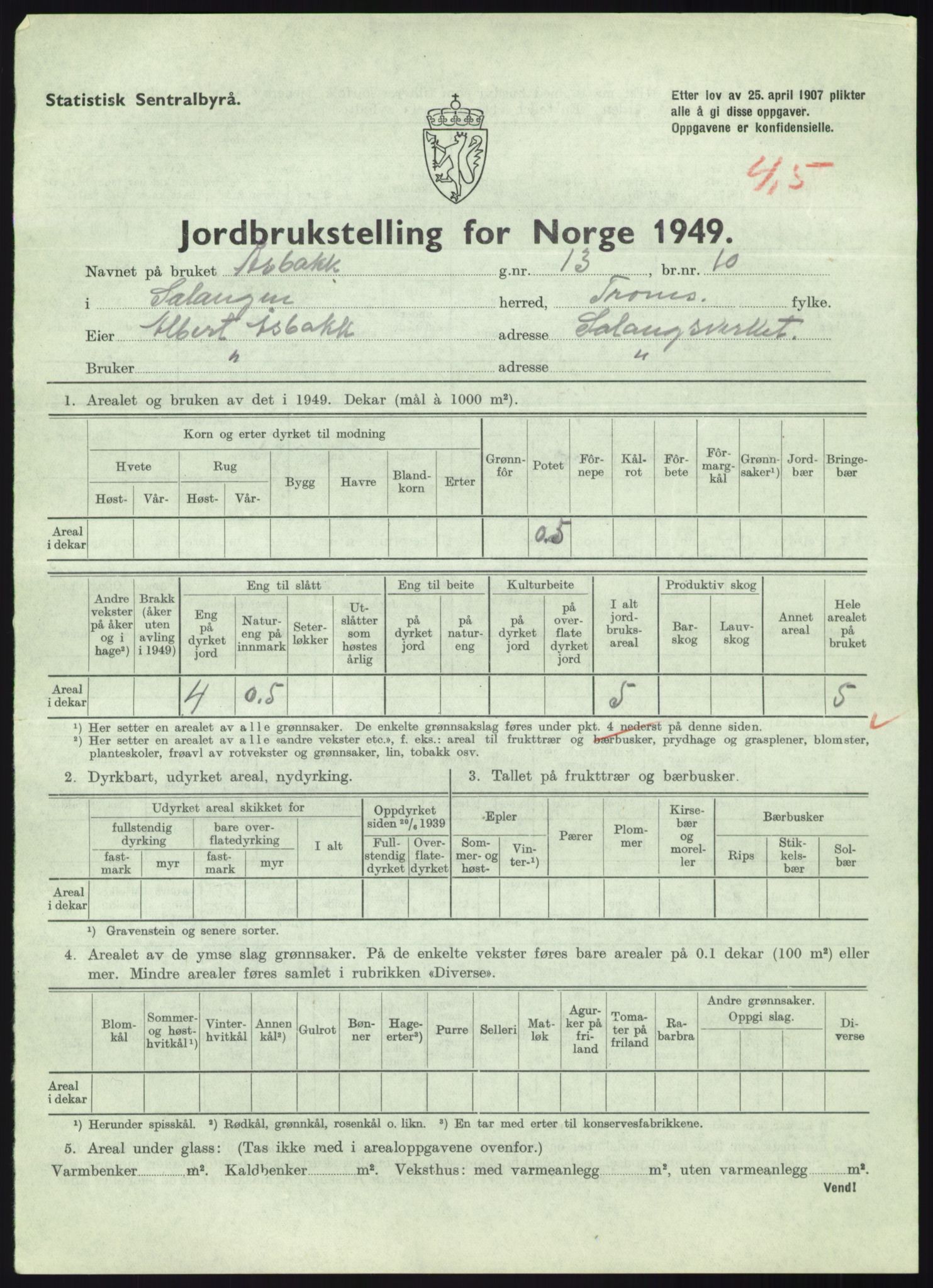 Statistisk sentralbyrå, Næringsøkonomiske emner, Jordbruk, skogbruk, jakt, fiske og fangst, AV/RA-S-2234/G/Gc/L0438: Troms: Salangen og Bardu, 1949, p. 151