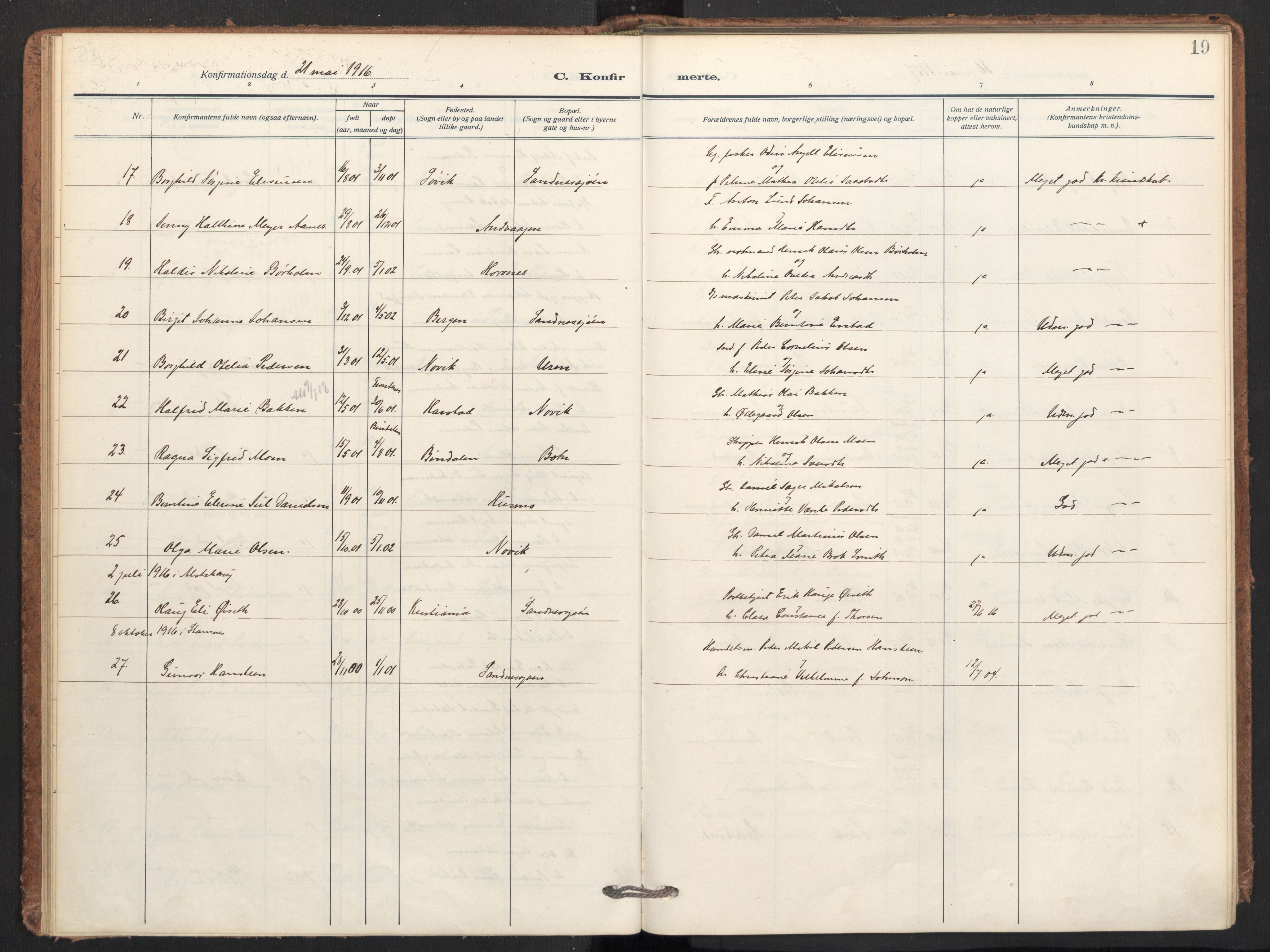 Ministerialprotokoller, klokkerbøker og fødselsregistre - Nordland, AV/SAT-A-1459/831/L0473: Parish register (official) no. 831A04, 1909-1934, p. 19