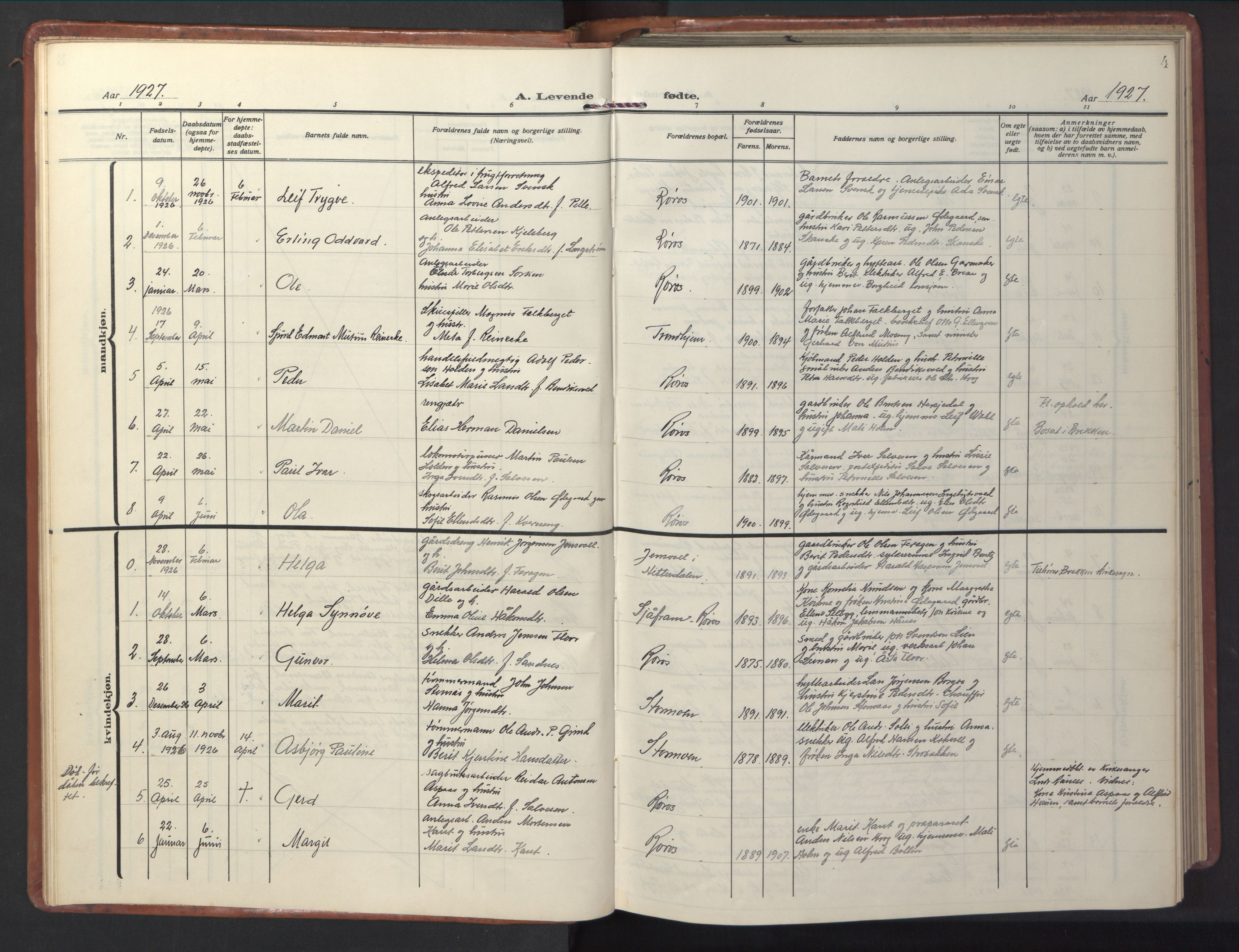 Ministerialprotokoller, klokkerbøker og fødselsregistre - Sør-Trøndelag, SAT/A-1456/681/L0943: Parish register (copy) no. 681C07, 1926-1954, p. 4