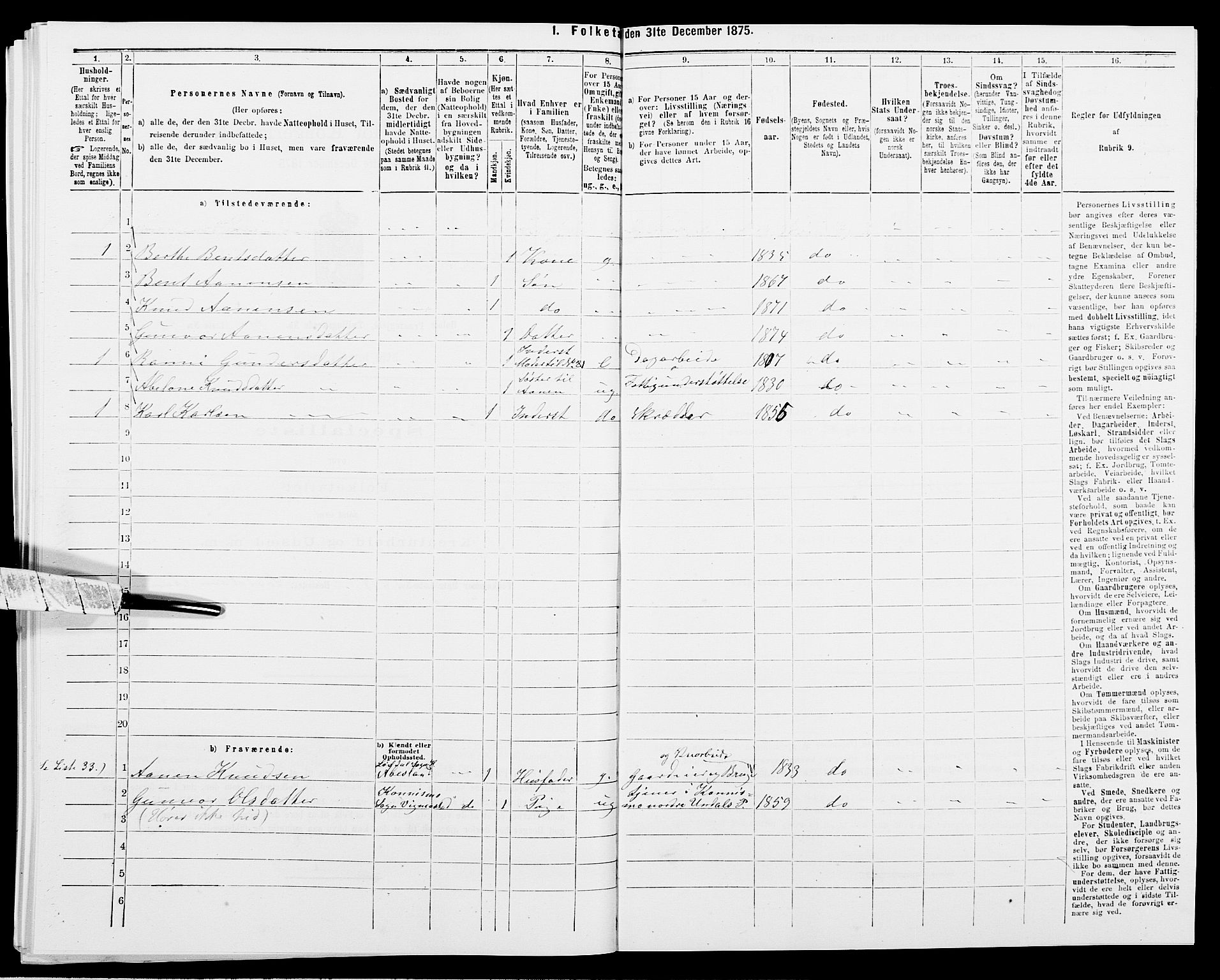 SAK, 1875 census for 1020P Holum, 1875, p. 1219