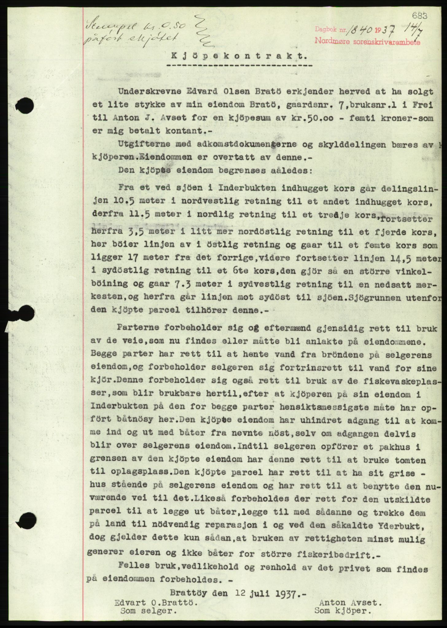 Nordmøre sorenskriveri, AV/SAT-A-4132/1/2/2Ca/L0091: Mortgage book no. B81, 1937-1937, Diary no: : 1840/1937