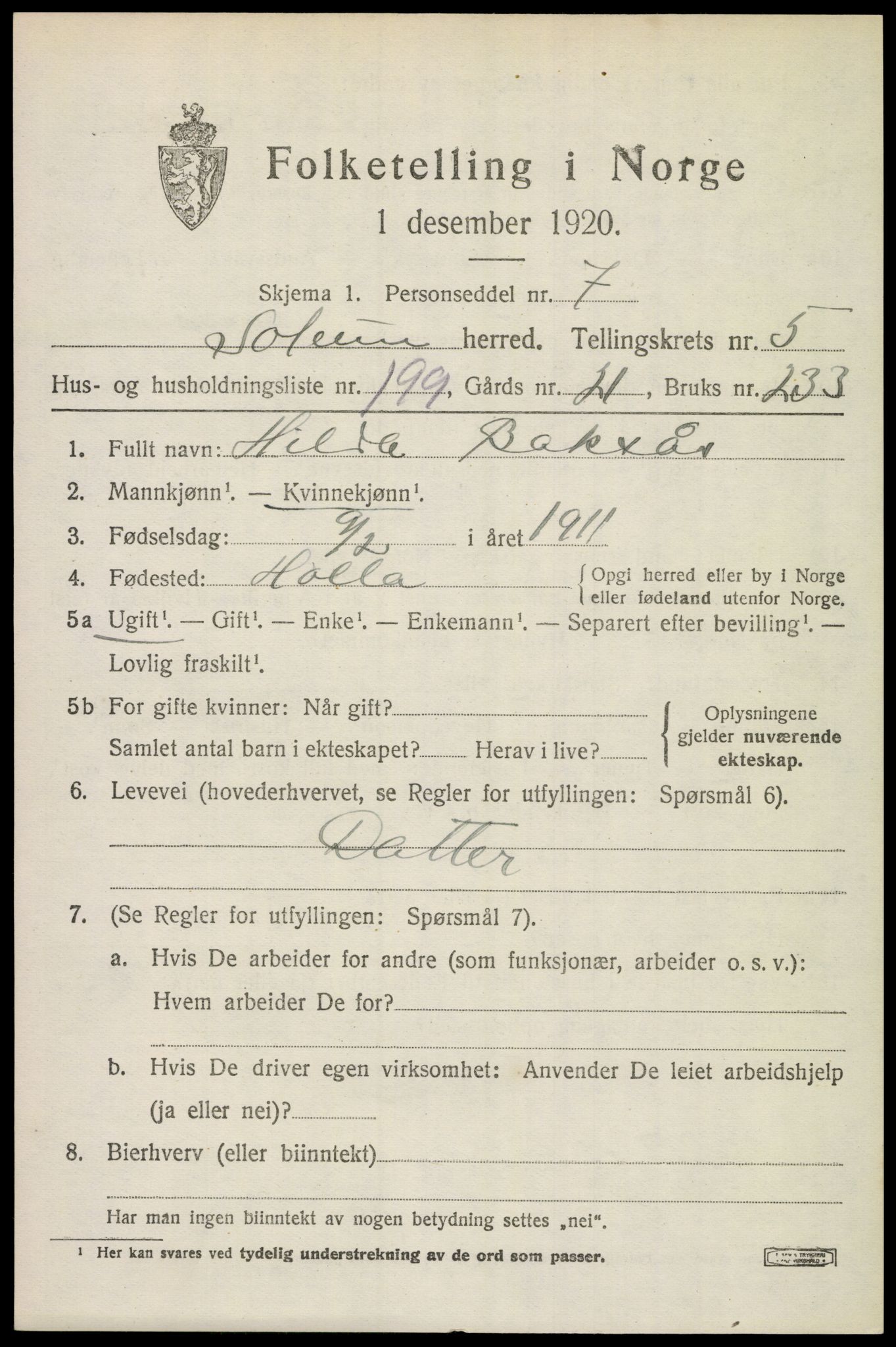 SAKO, 1920 census for Solum, 1920, p. 13156