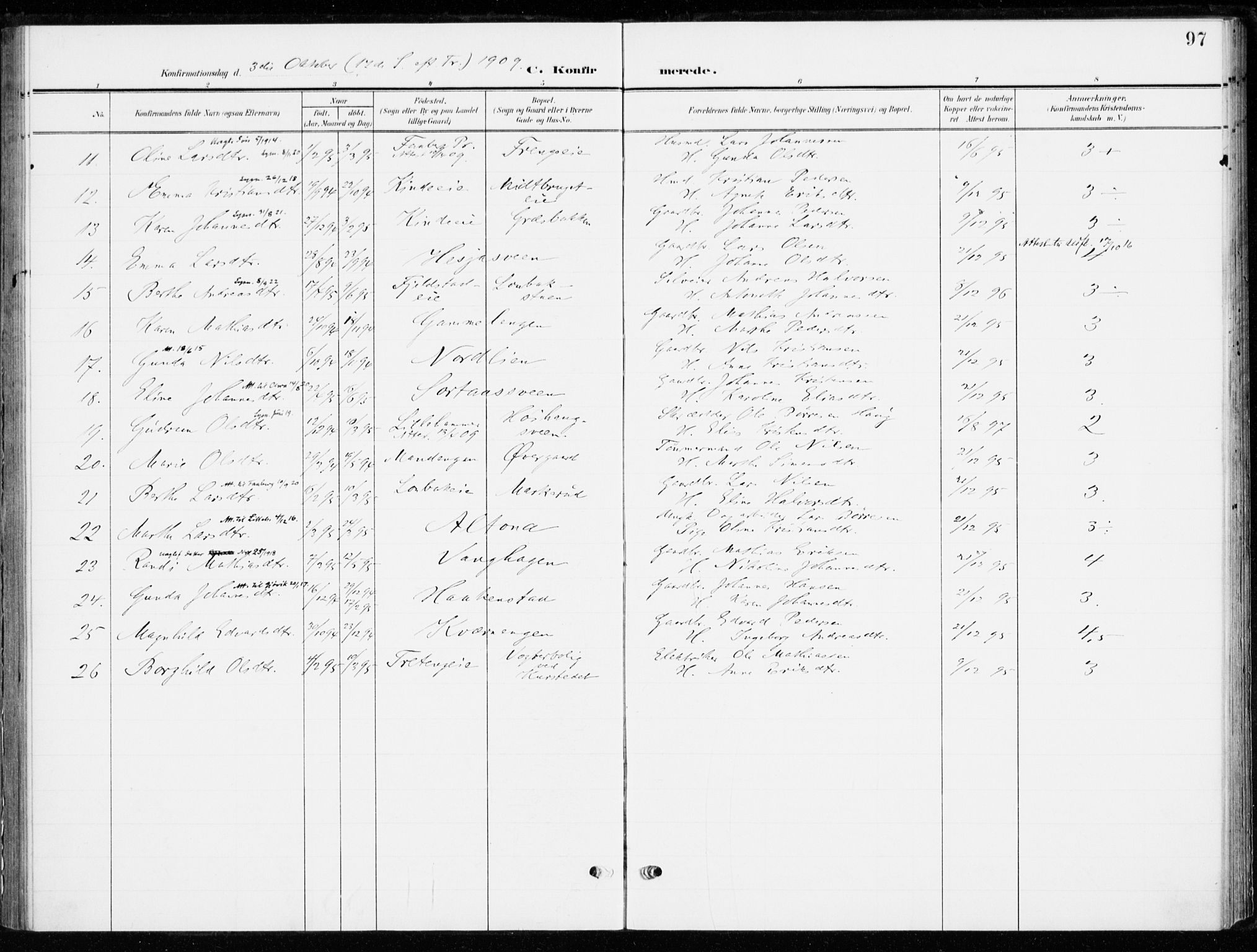 Ringsaker prestekontor, SAH/PREST-014/K/Ka/L0021: Parish register (official) no. 21, 1905-1920, p. 97
