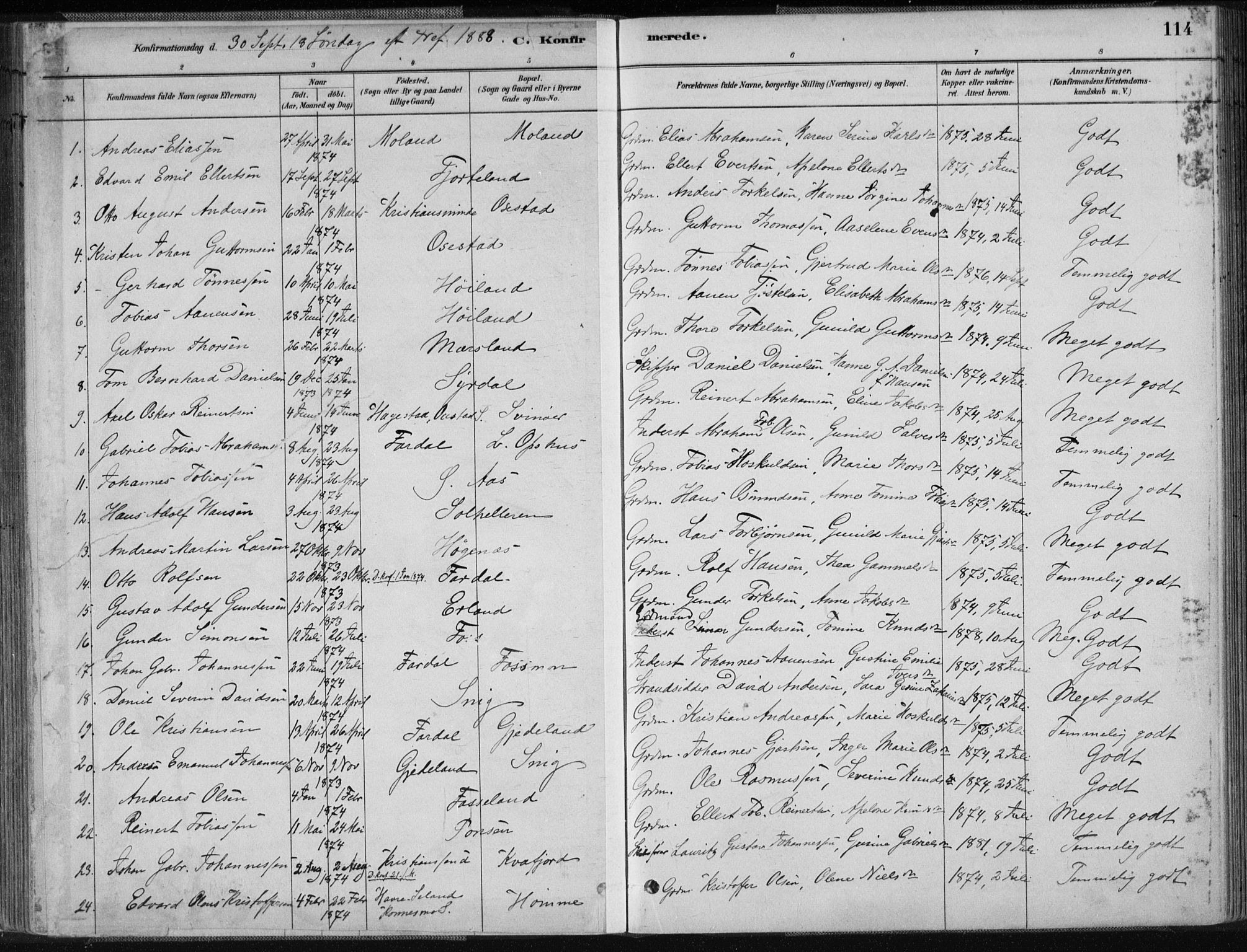 Sør-Audnedal sokneprestkontor, SAK/1111-0039/F/Fa/Fab/L0009: Parish register (official) no. A 9, 1880-1895, p. 114