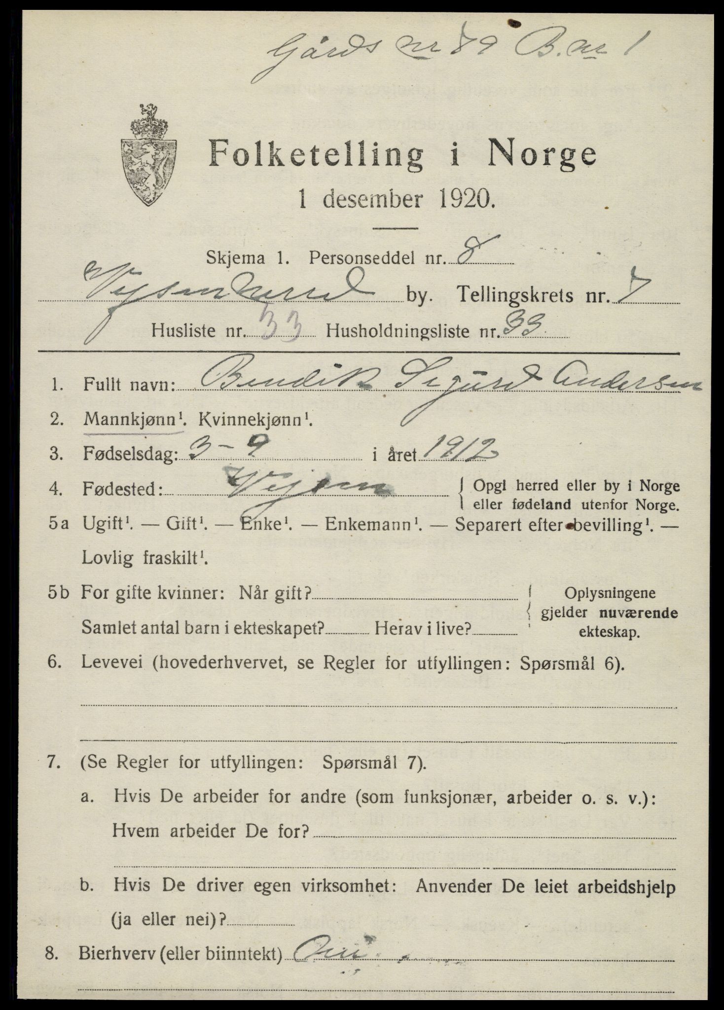 SAT, 1920 census for Vefsn, 1920, p. 5301