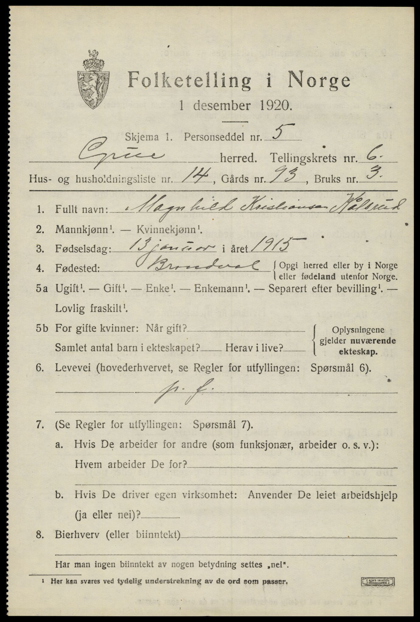 SAH, 1920 census for Grue, 1920, p. 6101