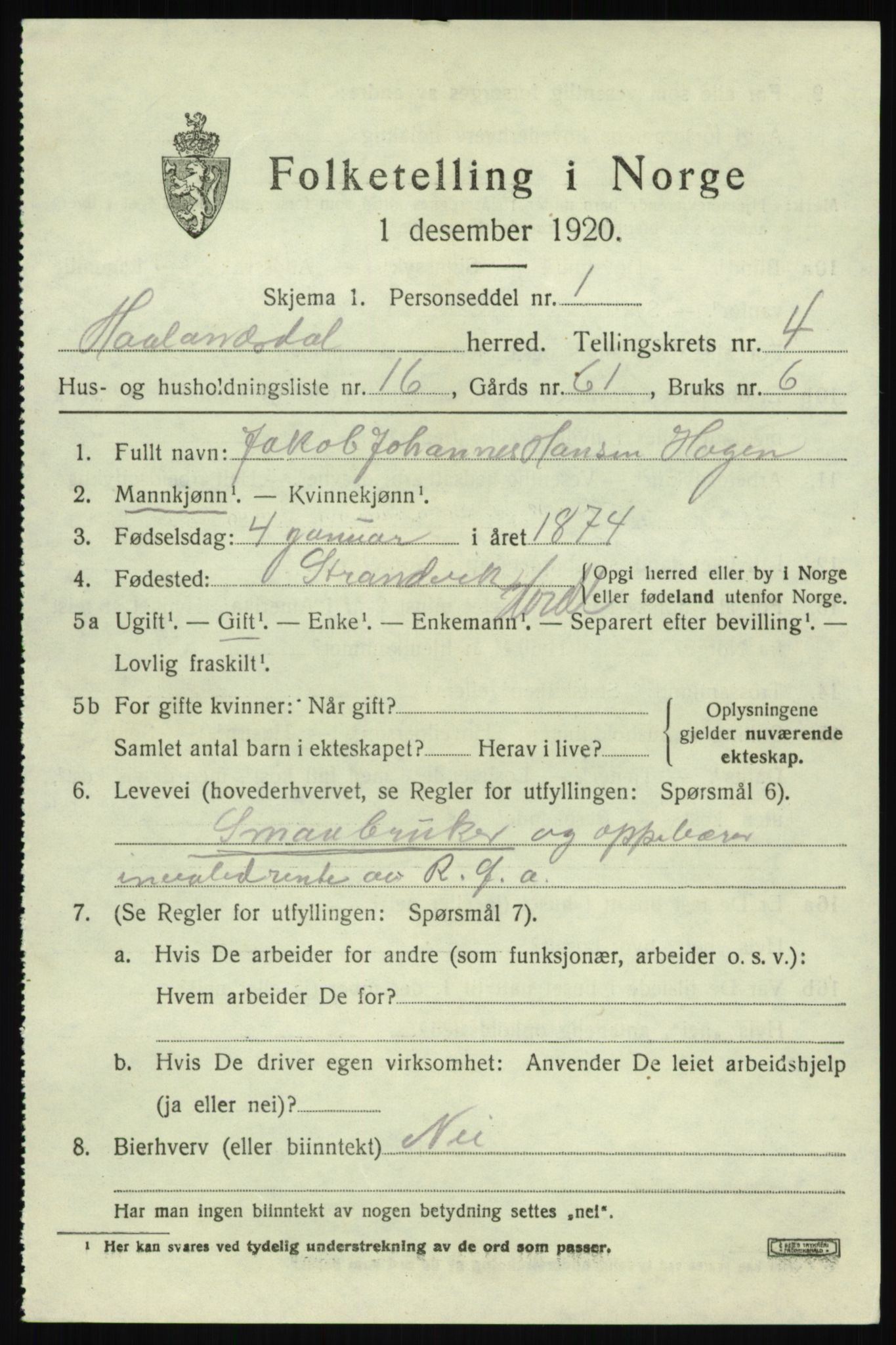 SAB, 1920 census for Hålandsdal, 1920, p. 1016