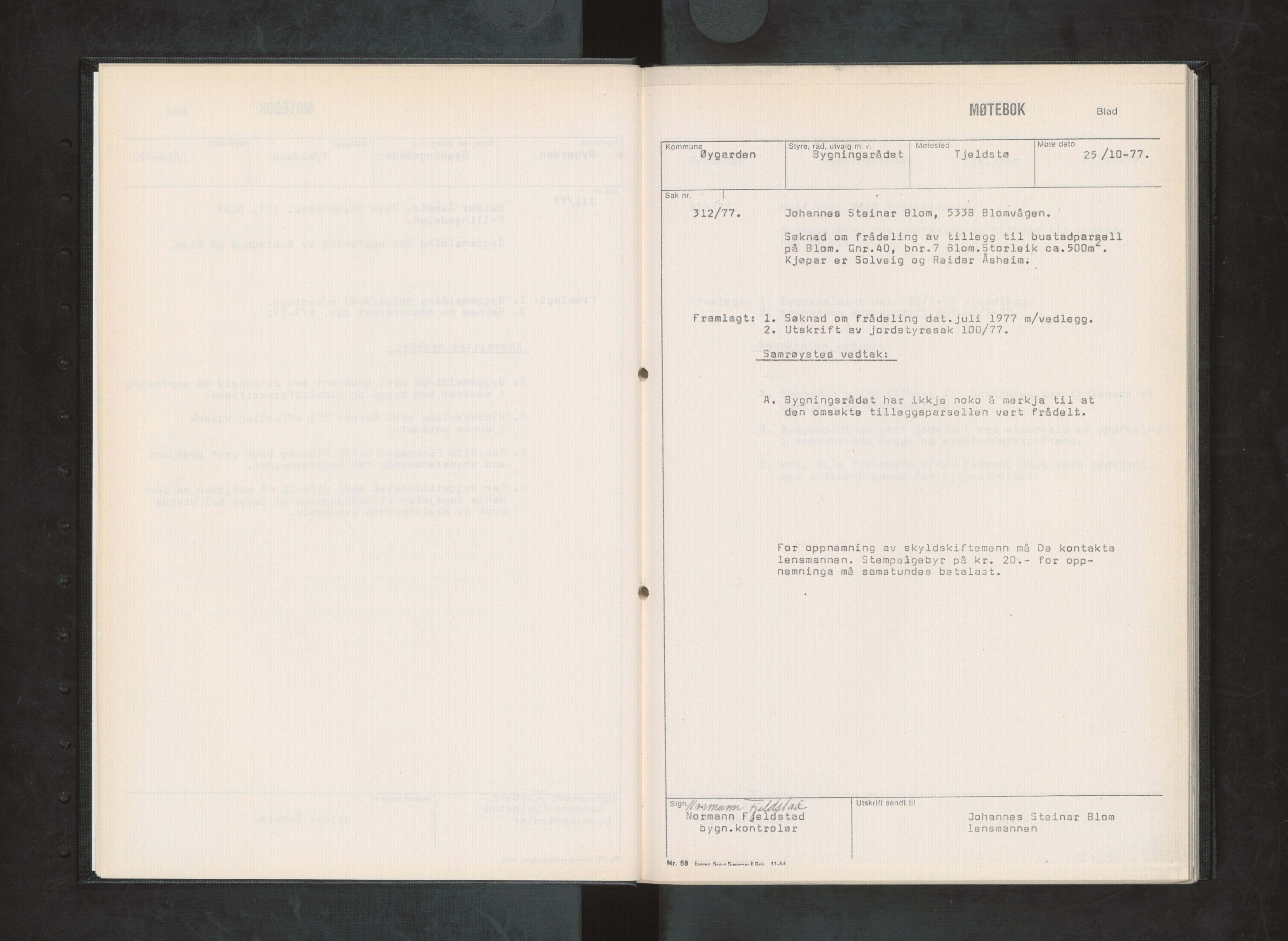 Øygarden kommune. Bygningsrådet, IKAH/1259b-511/A/Aa/L0007: Møtebok for Øygarden bygningsråd - Del III, 1977