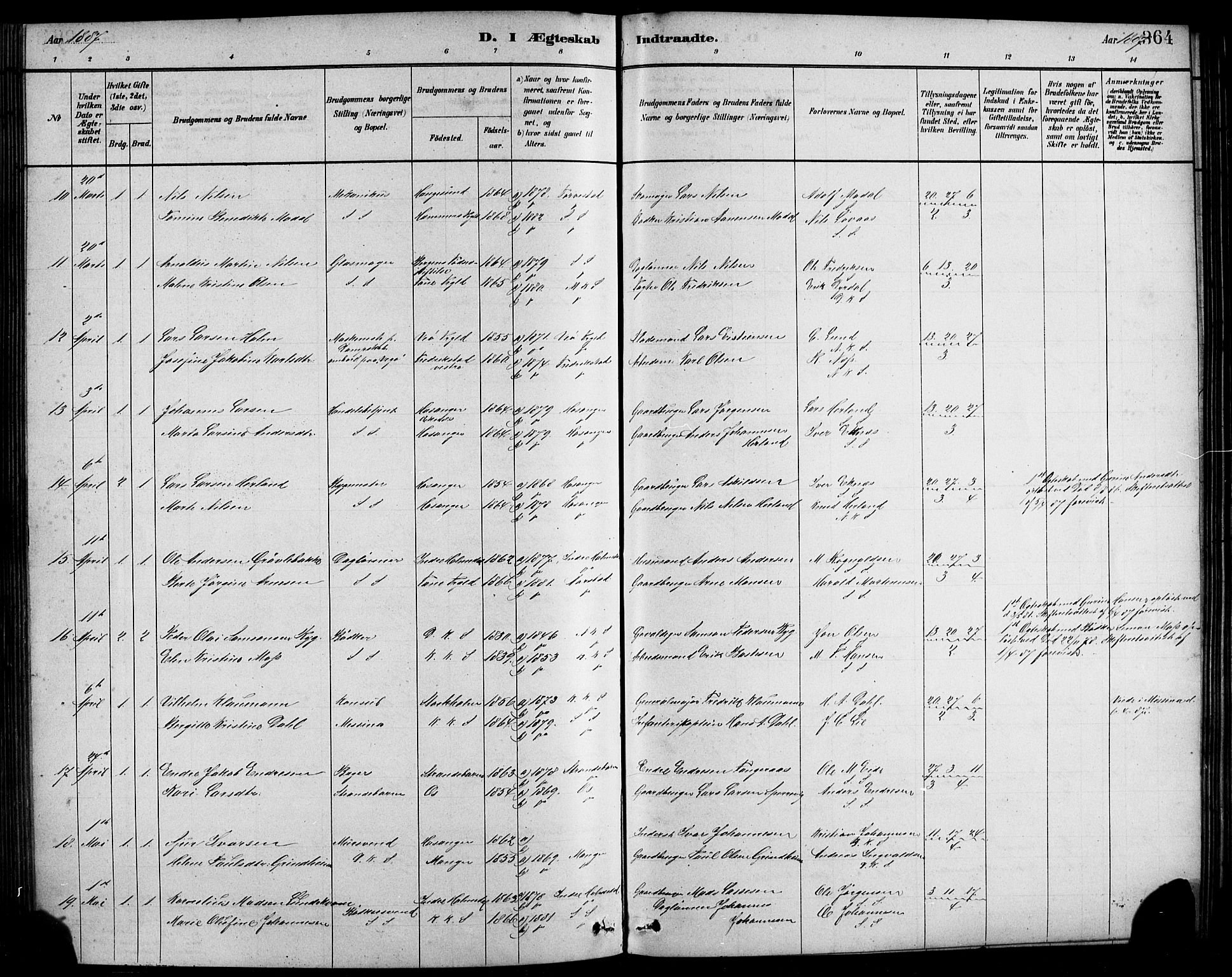 Sandviken Sokneprestembete, AV/SAB-A-77601/H/Hb/L0001: Parish register (copy) no. A 2, 1879-1892, p. 364