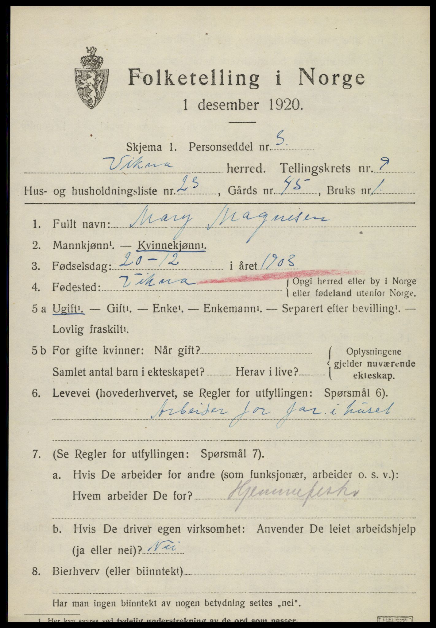 SAT, 1920 census for Vikna, 1920, p. 6669