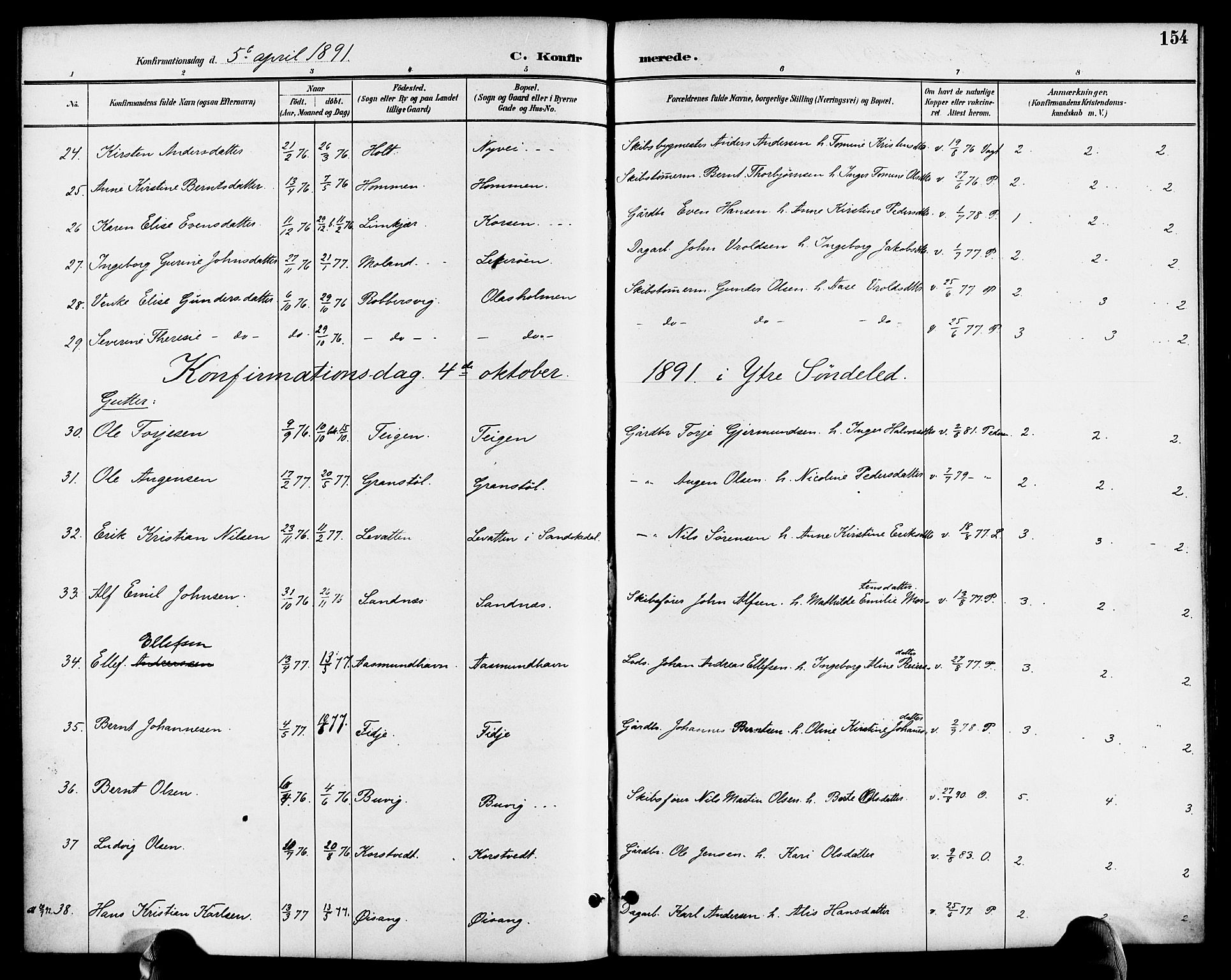 Søndeled sokneprestkontor, AV/SAK-1111-0038/F/Fa/L0005: Parish register (official) no. A 5, 1889-1899, p. 154