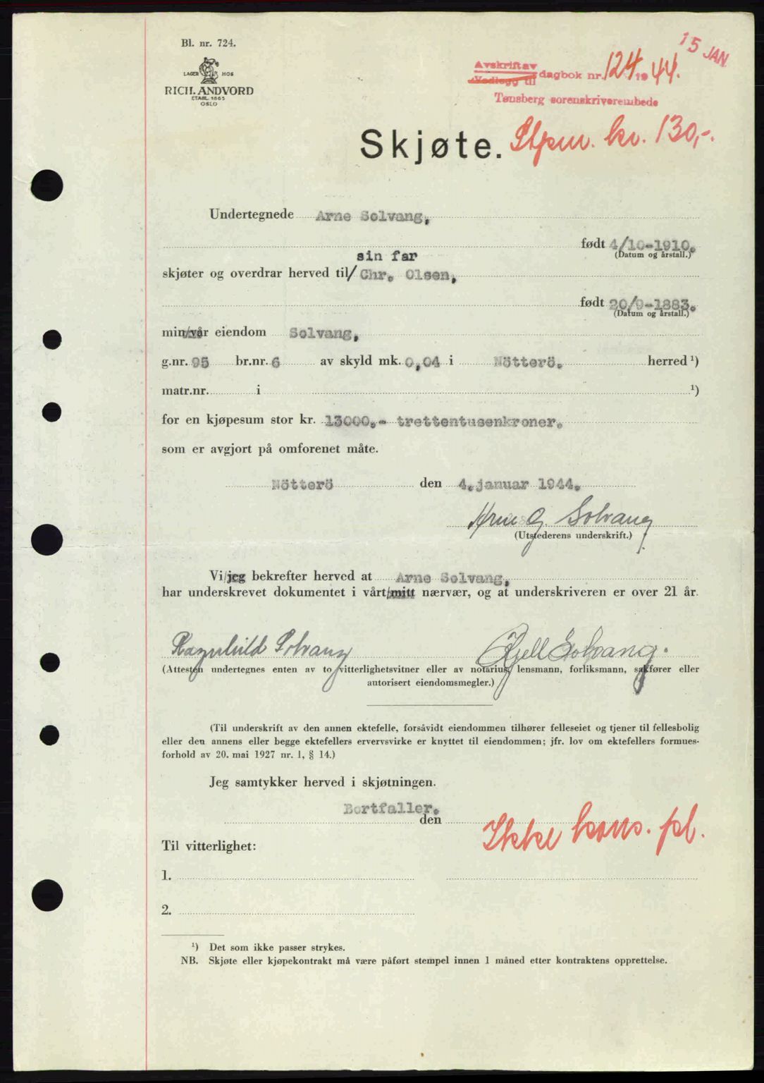Tønsberg sorenskriveri, AV/SAKO-A-130/G/Ga/Gaa/L0014: Mortgage book no. A14, 1943-1944, Diary no: : 124/1944