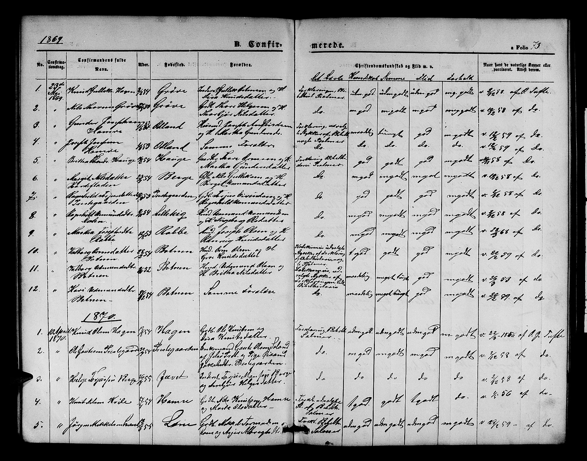 Røldal sokneprestembete, SAB/A-100247: Parish register (copy) no. A 2, 1861-1886, p. 73