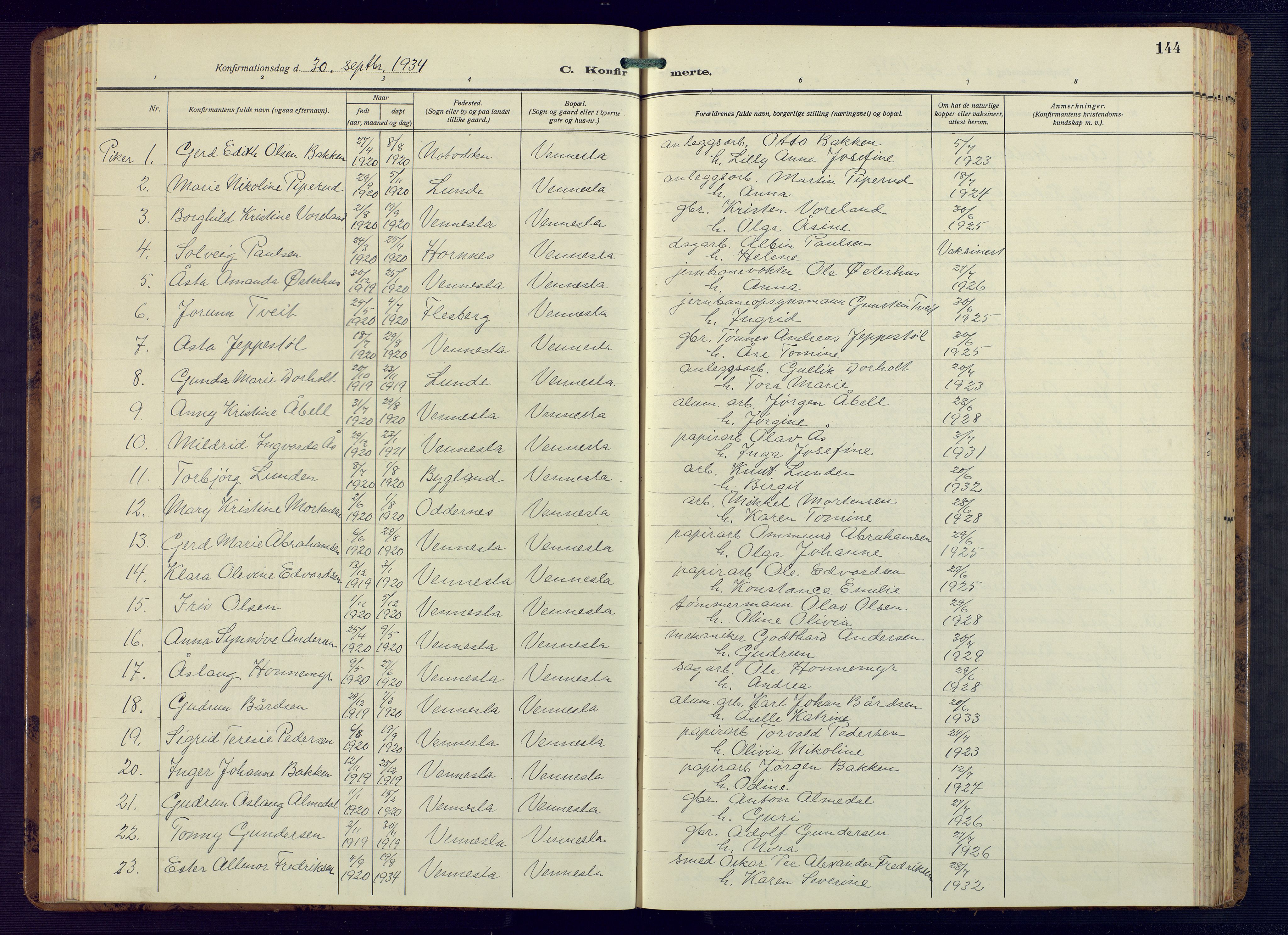 Vennesla sokneprestkontor, AV/SAK-1111-0045/Fb/Fbb/L0008: Parish register (copy) no. B 8, 1934-1947, p. 144