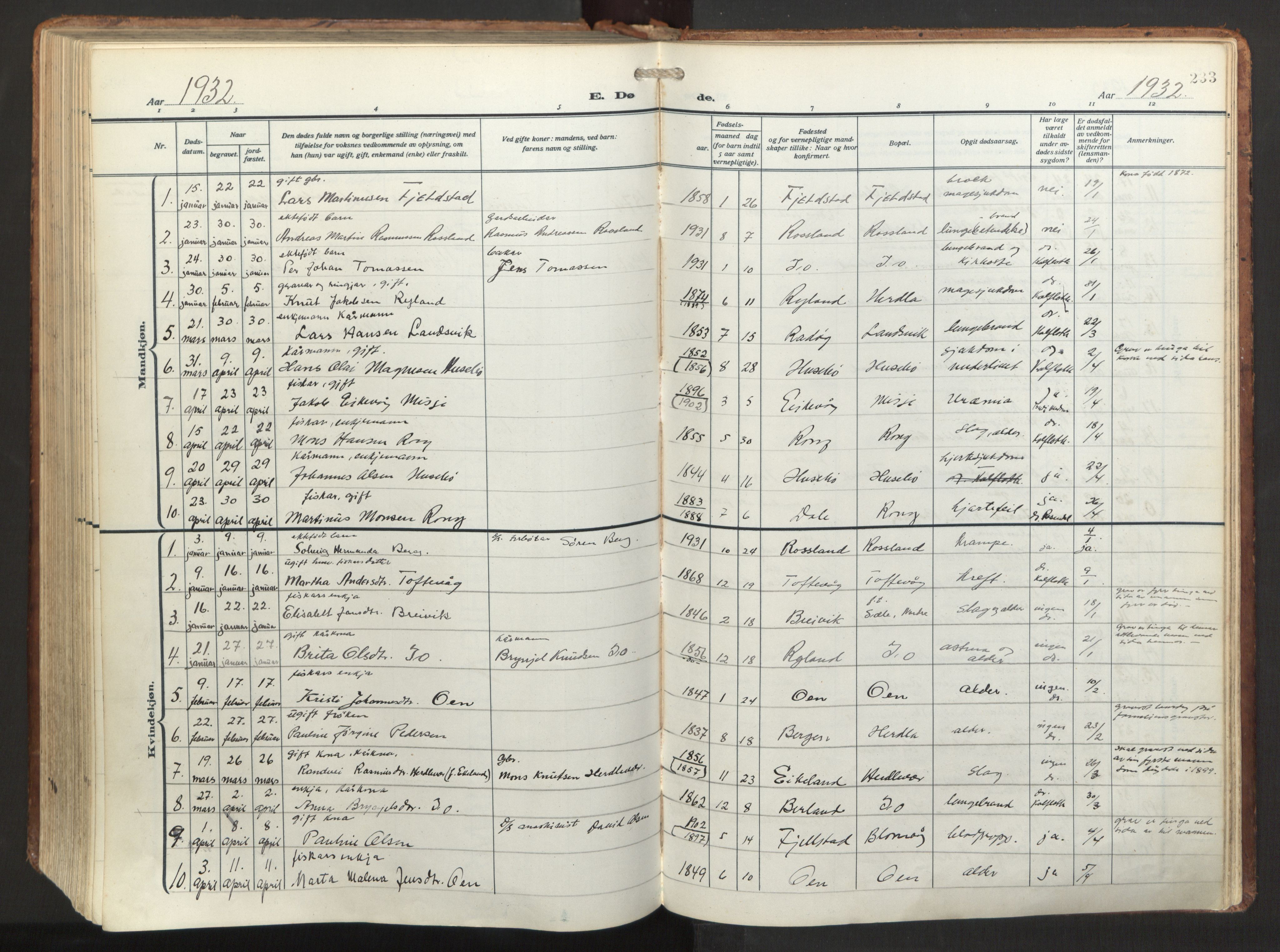 Herdla Sokneprestembete, AV/SAB-A-75701/H/Haa: Parish register (official) no. A 6, 1918-1933, p. 233