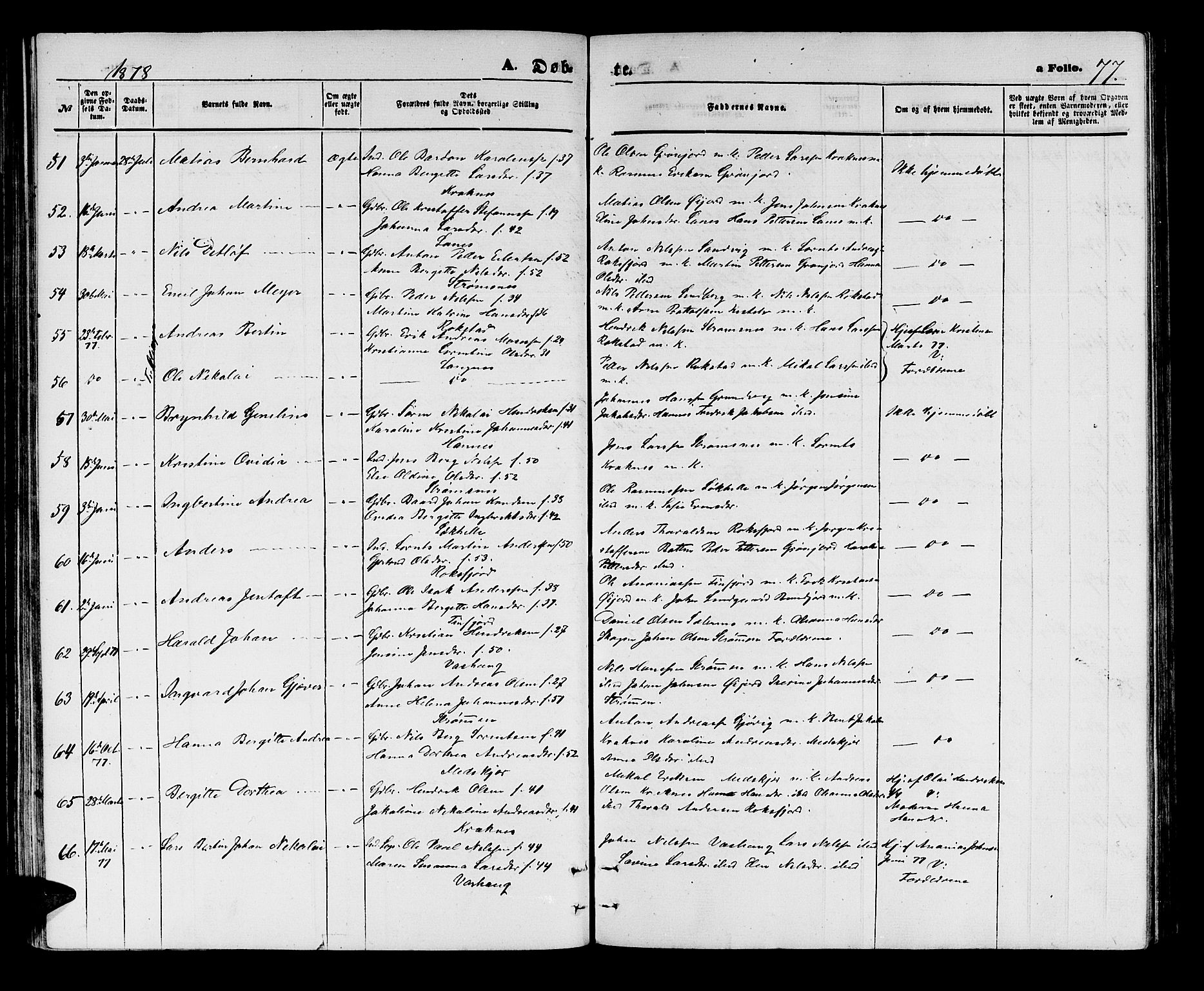 Lenvik sokneprestembete, SATØ/S-1310/H/Ha/Hab/L0005klokker: Parish register (copy) no. 5, 1870-1880, p. 77