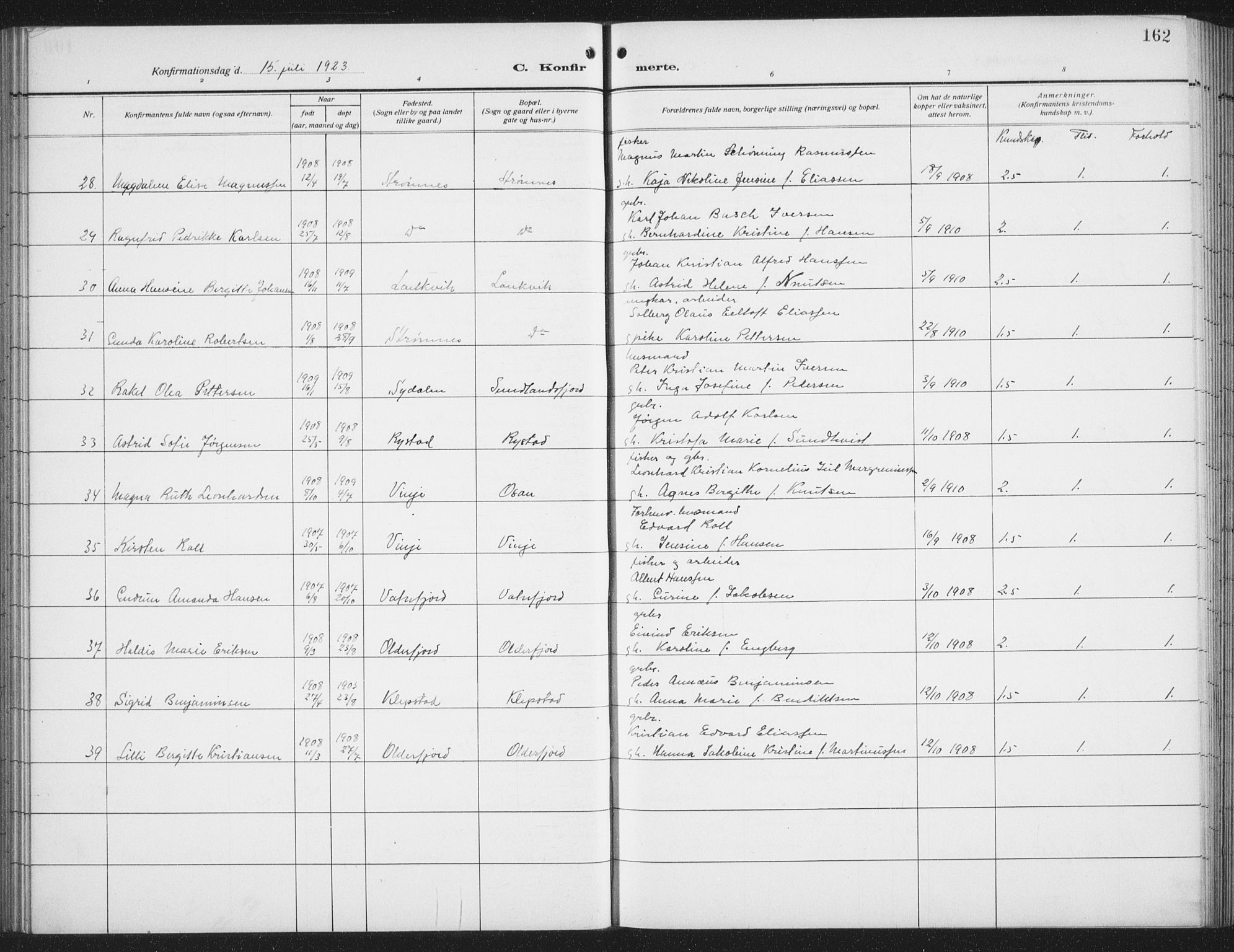 Ministerialprotokoller, klokkerbøker og fødselsregistre - Nordland, AV/SAT-A-1459/876/L1106: Parish register (copy) no. 876C05, 1915-1942, p. 162