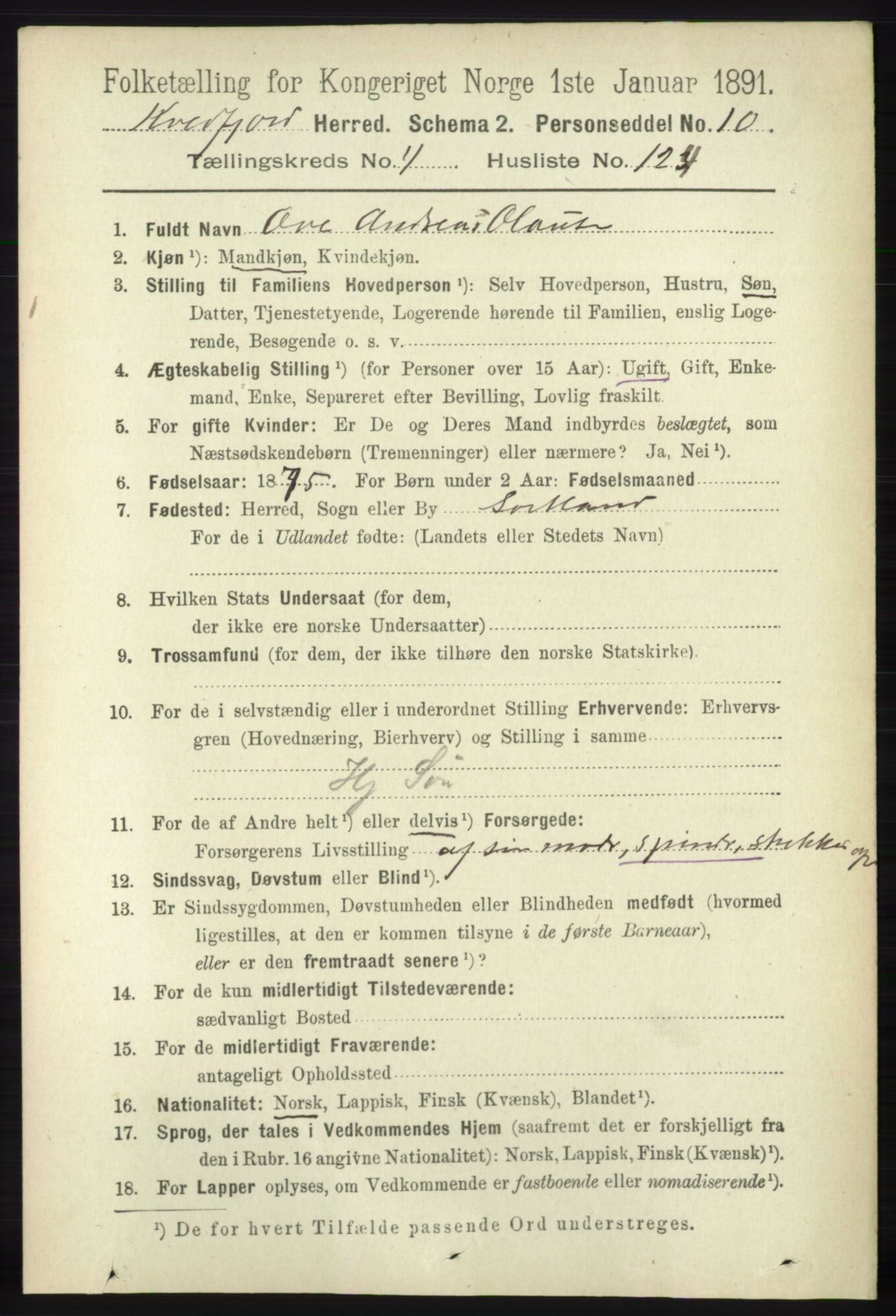 RA, 1891 census for 1911 Kvæfjord, 1891, p. 2687