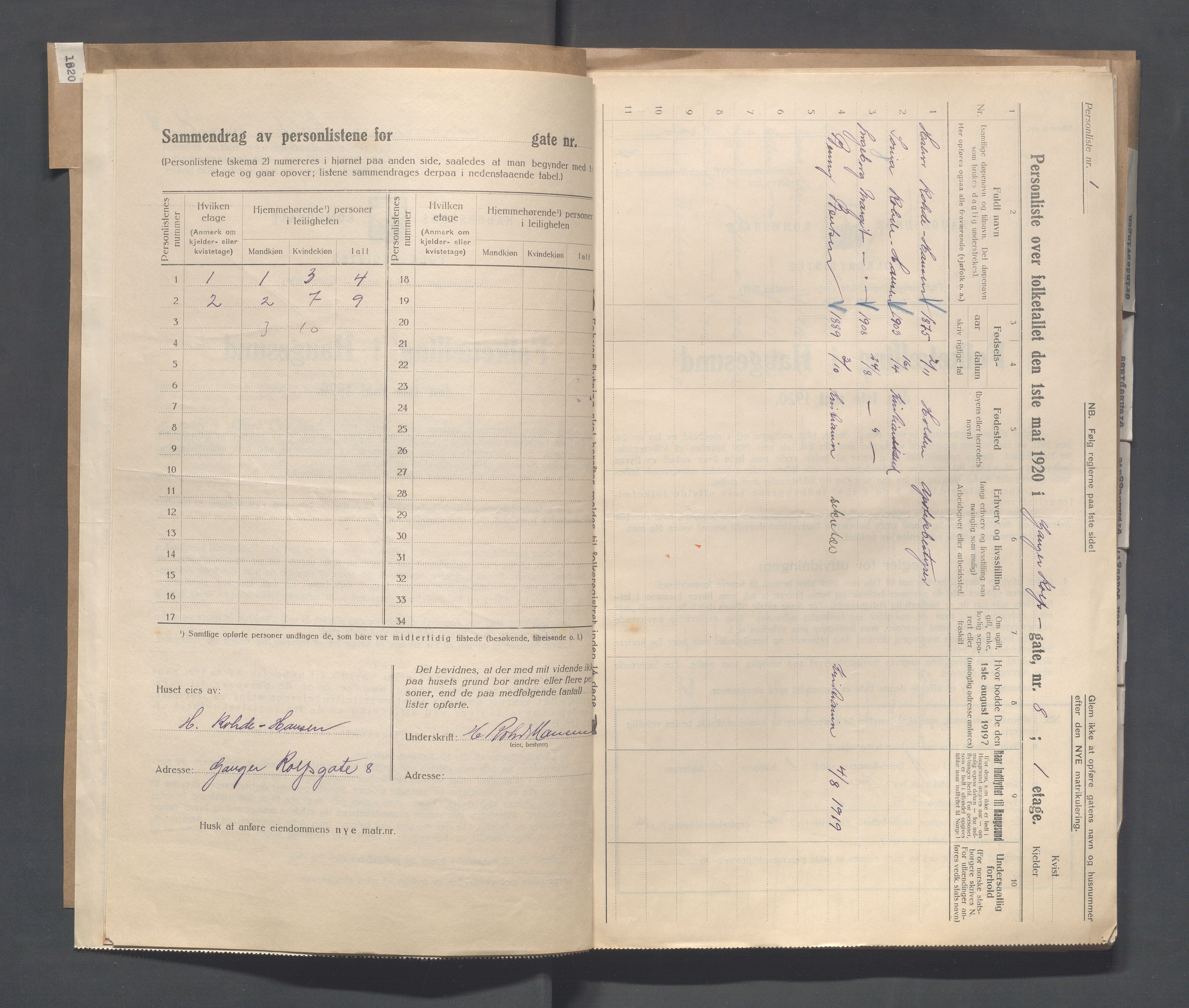 IKAR, Local census 1.5.1920 for Haugesund, 1920, p. 1021