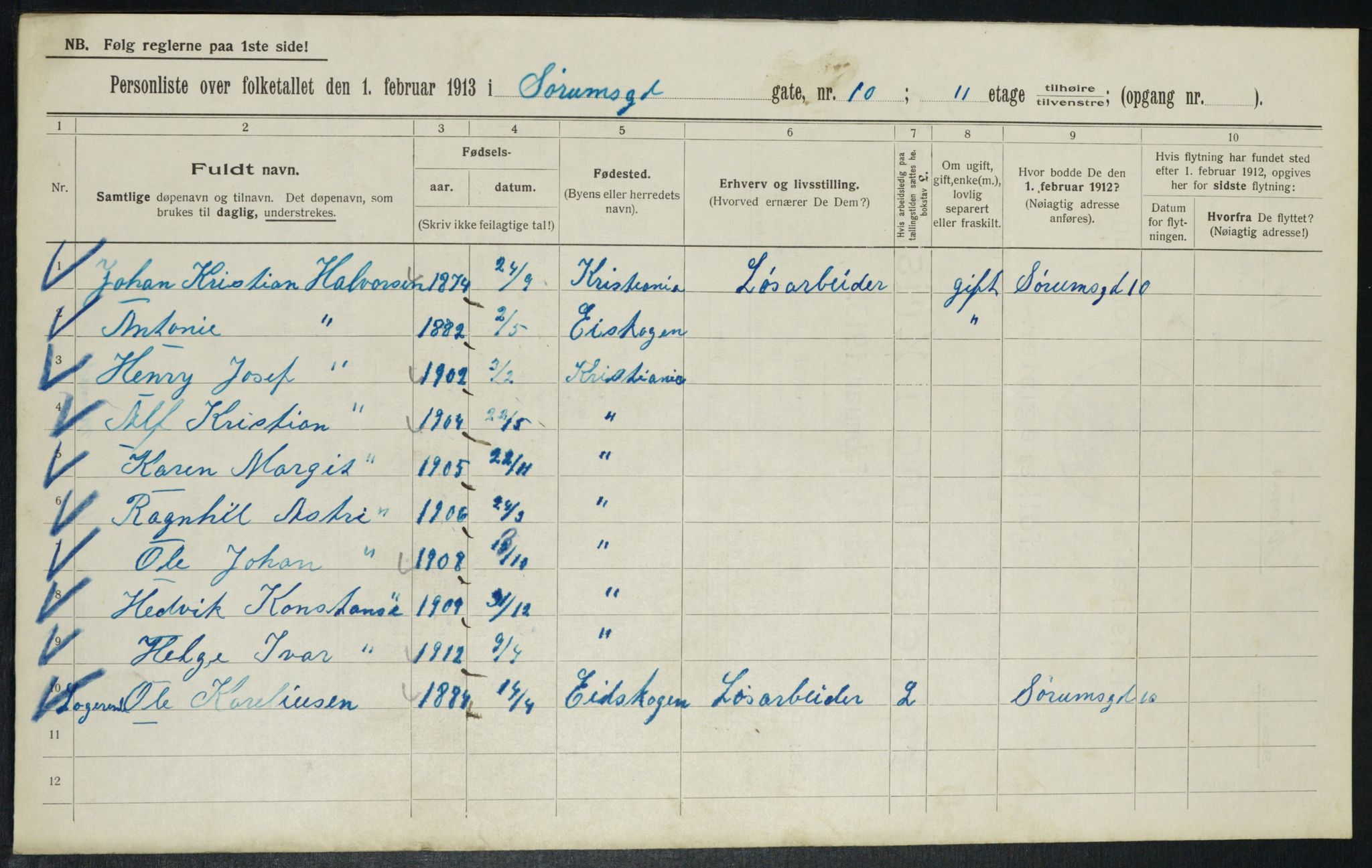 OBA, Municipal Census 1913 for Kristiania, 1913, p. 107082