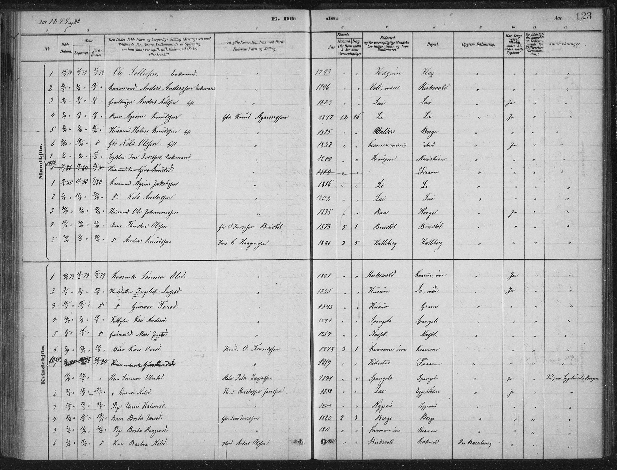 Lærdal sokneprestembete, SAB/A-81201: Parish register (official) no. C  1, 1878-1911, p. 123