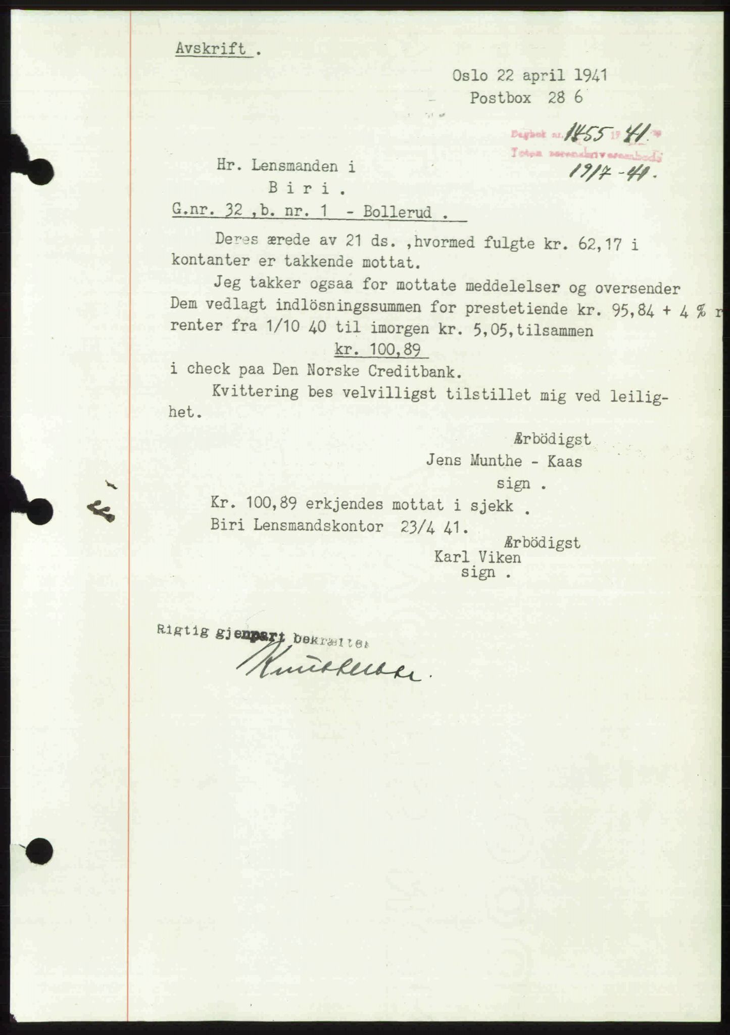 Toten tingrett, SAH/TING-006/H/Hb/Hbc/L0008: Mortgage book no. Hbc-08, 1941-1941, Diary no: : 1455/1941
