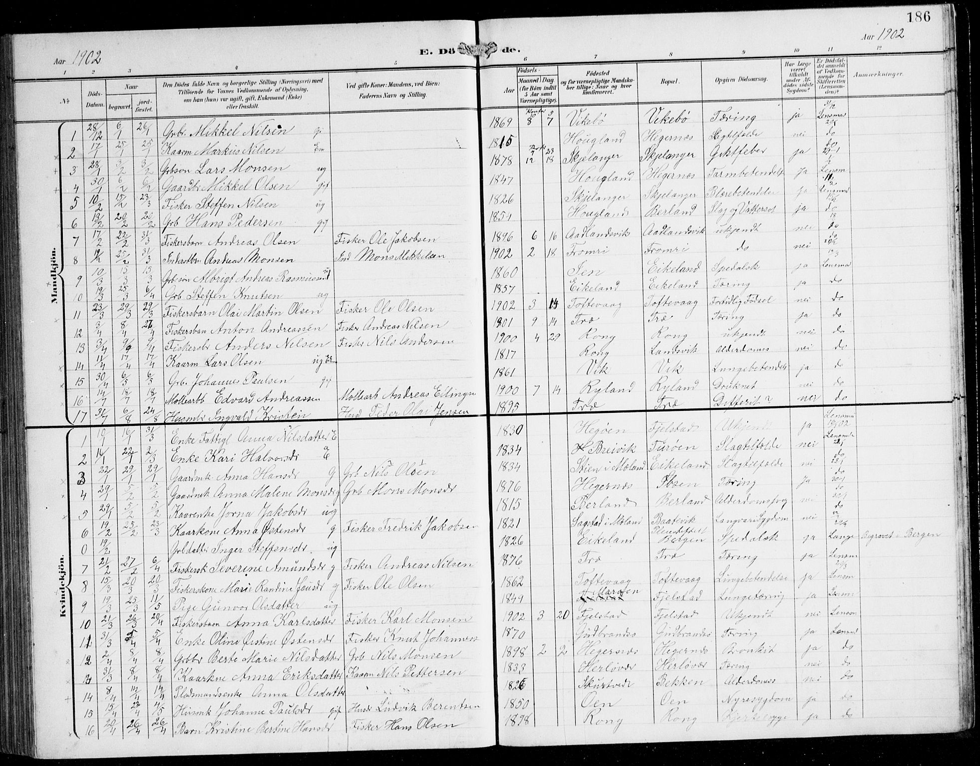 Herdla Sokneprestembete, AV/SAB-A-75701/H/Hab: Parish register (copy) no. C 1, 1900-1913, p. 186