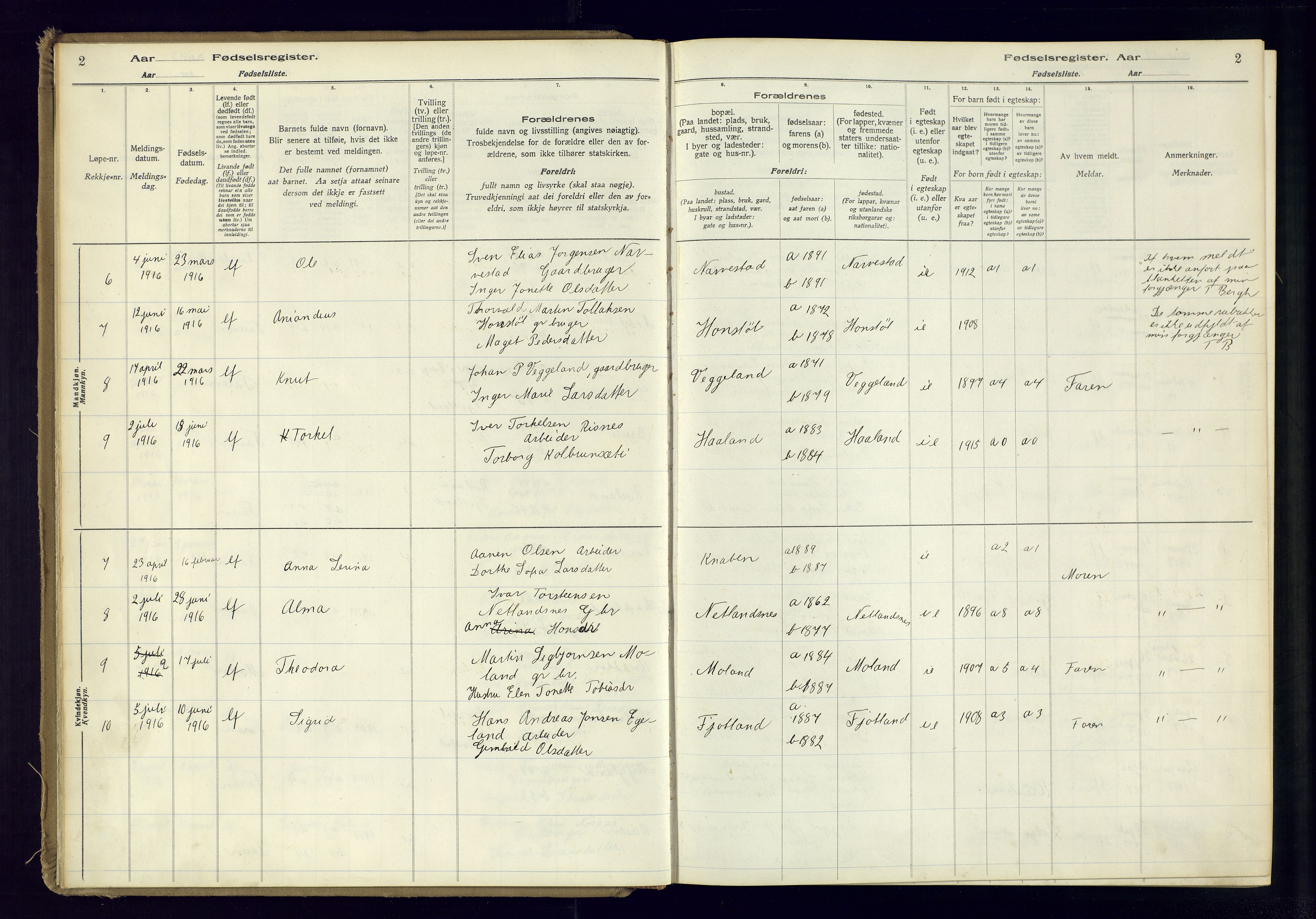 Fjotland sokneprestkontor, AV/SAK-1111-0010/J/Ja/L0001: Birth register no. 1, 1916-1981, p. 2