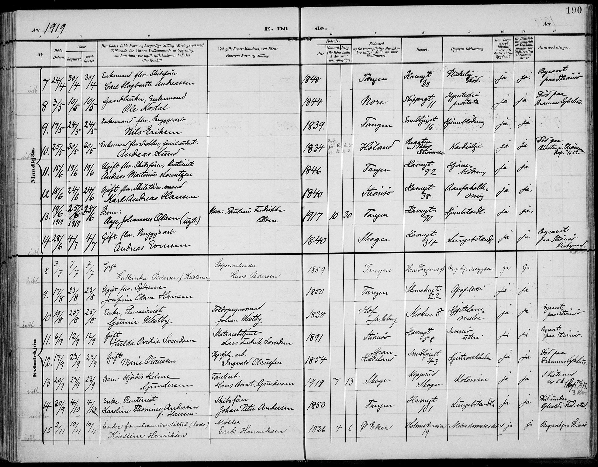 Strømsø kirkebøker, AV/SAKO-A-246/F/Fb/L0008: Parish register (official) no. II 8, 1902-1933, p. 190