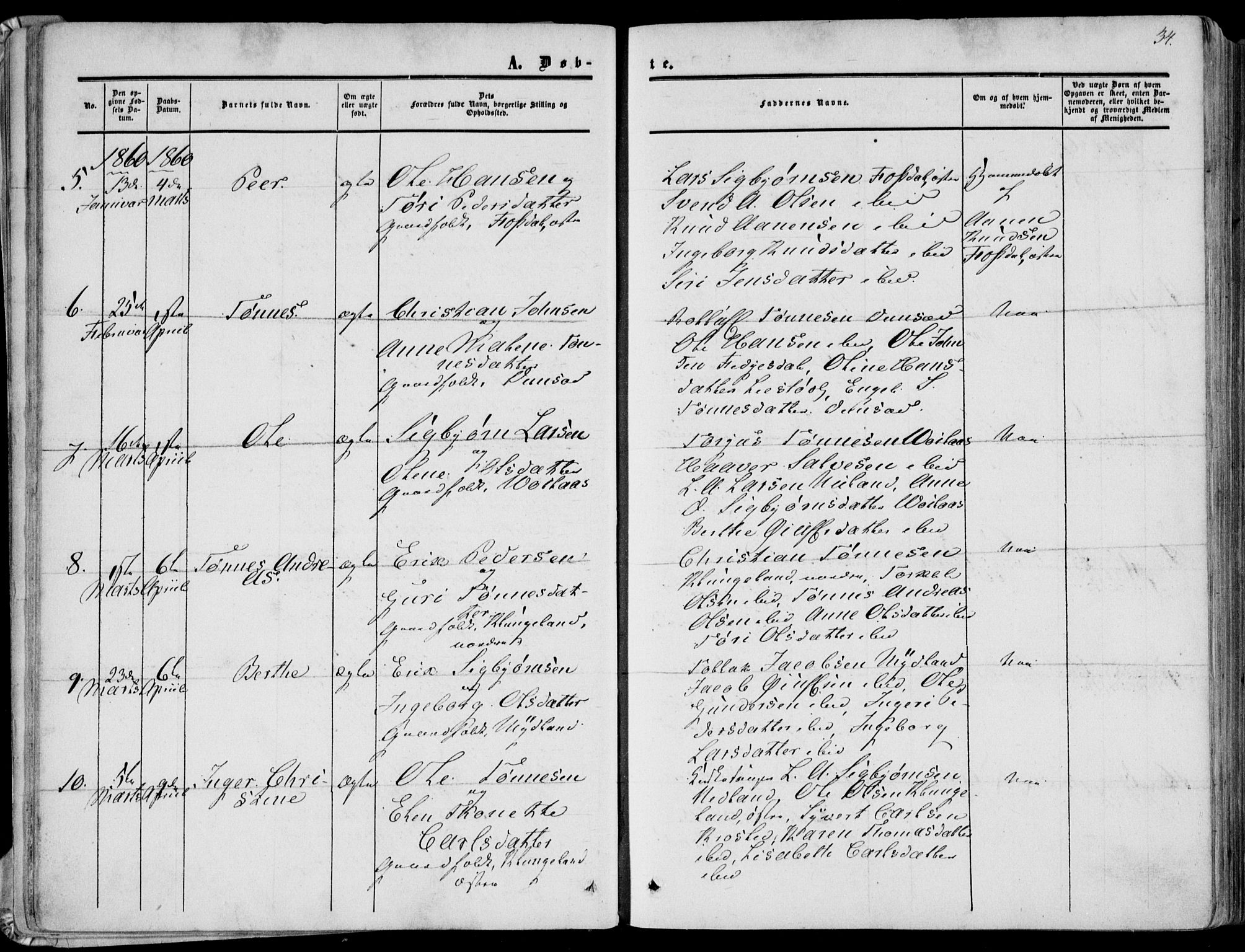 Bakke sokneprestkontor, AV/SAK-1111-0002/F/Fa/Fab/L0002: Parish register (official) no. A 2, 1855-1884, p. 34