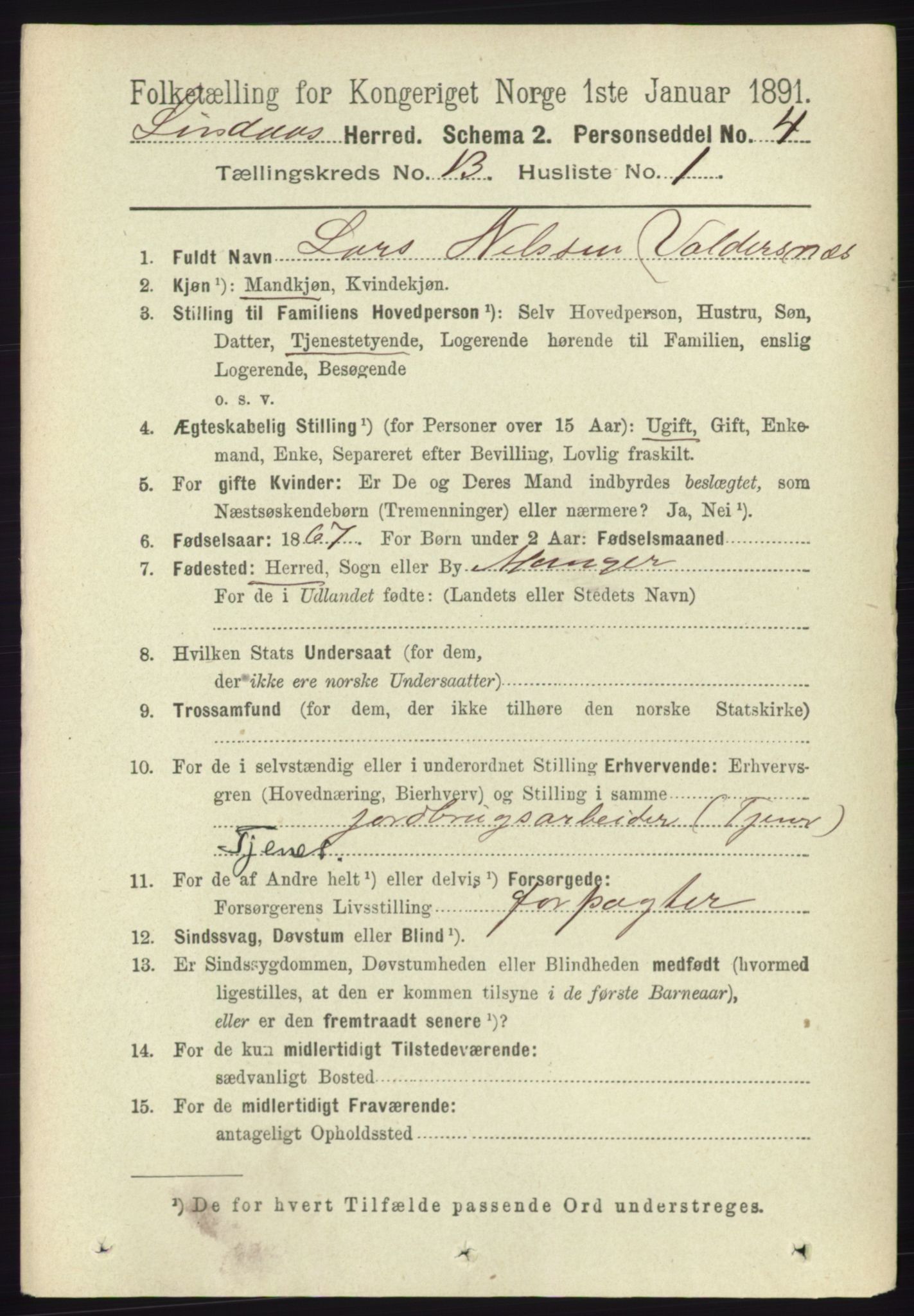 RA, 1891 census for 1263 Lindås, 1891, p. 4545