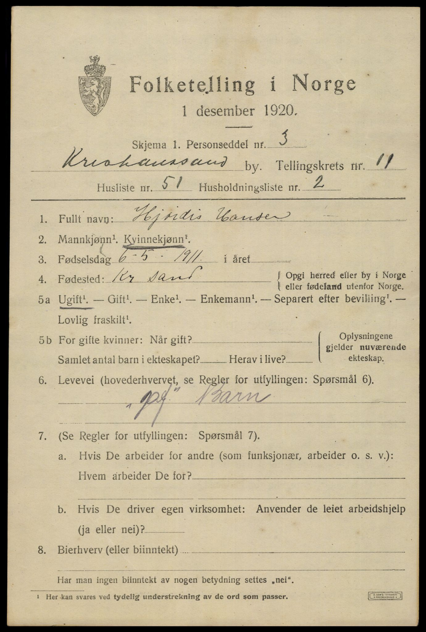 SAK, 1920 census for Kristiansand, 1920, p. 25689