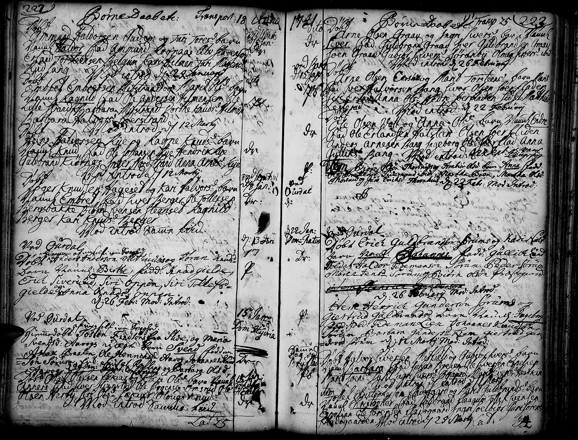 Aurdal prestekontor, SAH/PREST-126/H/Ha/Haa/L0004: Parish register (official) no. 4, 1730-1762, p. 222-223