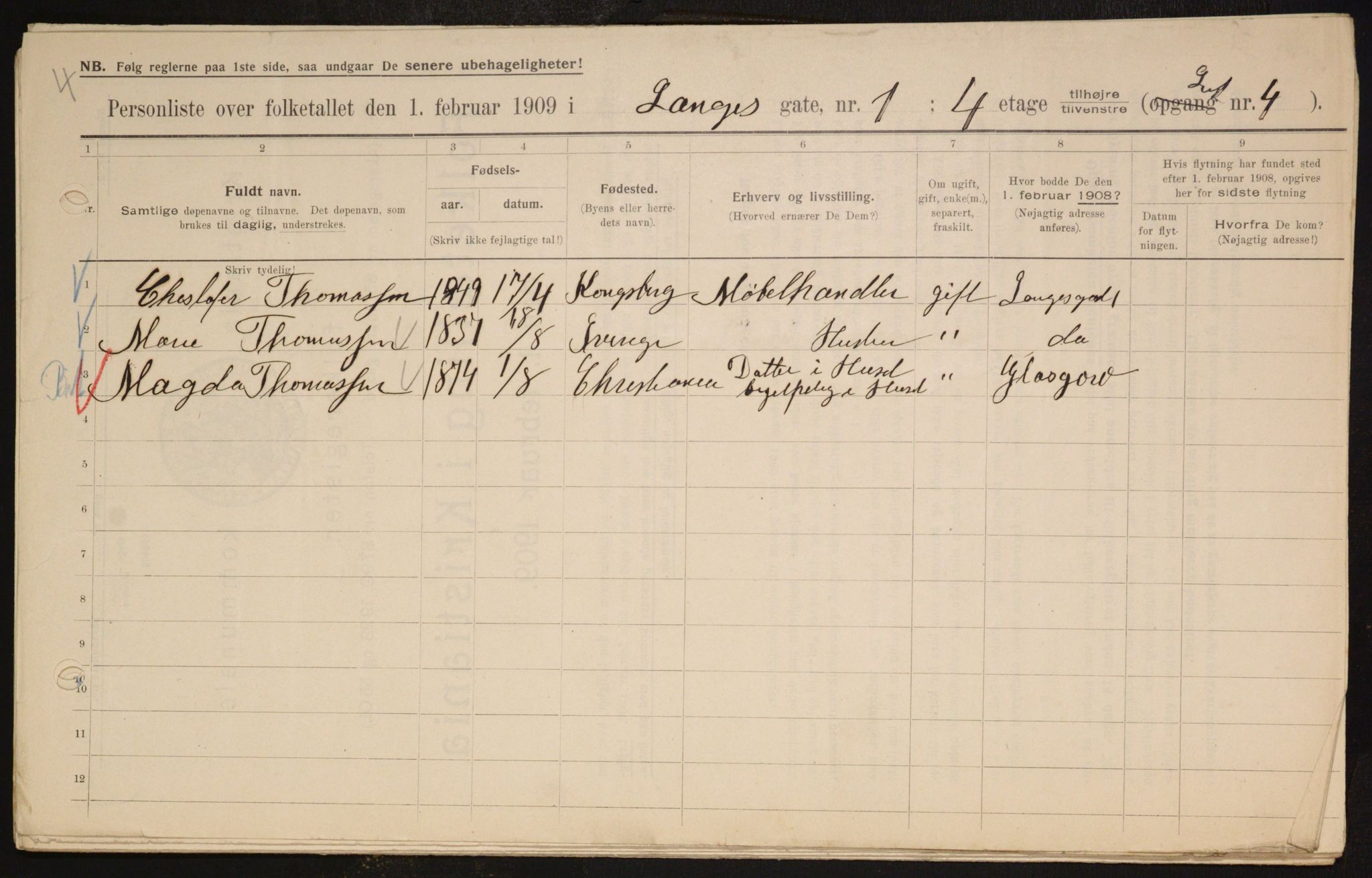 OBA, Municipal Census 1909 for Kristiania, 1909, p. 51395