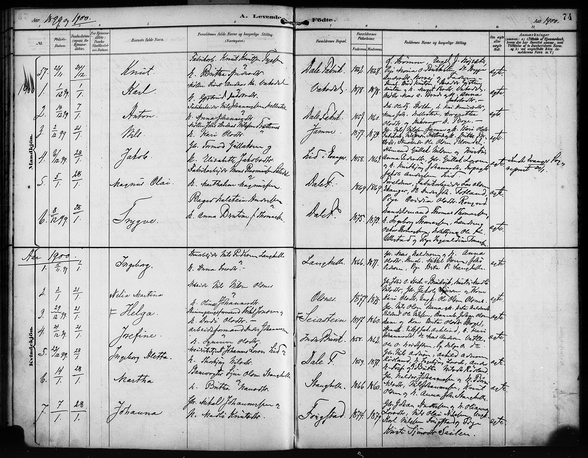 Bruvik Sokneprestembete, SAB/A-74701/H/Haa: Parish register (official) no. B 2, 1893-1903, p. 74