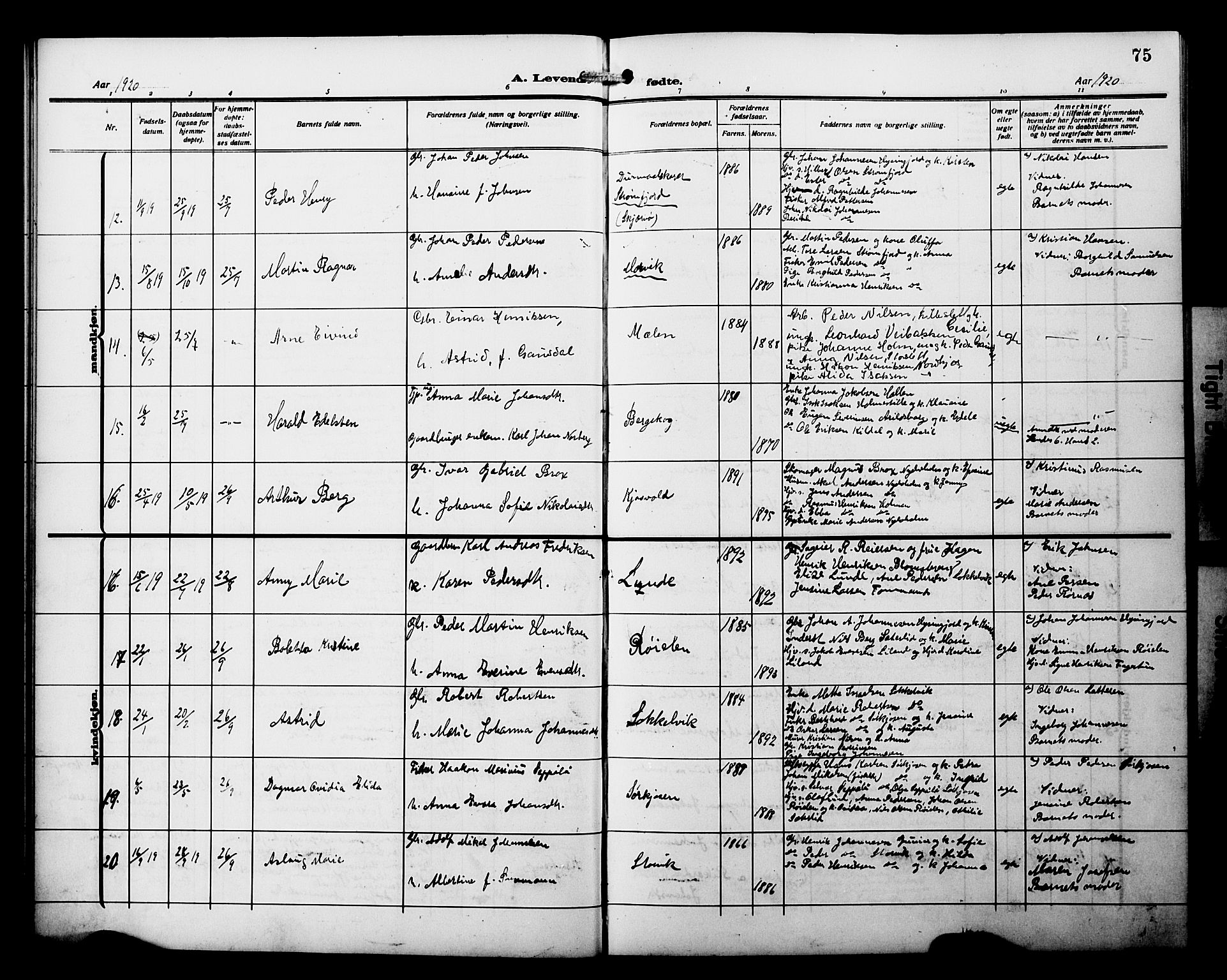 Skjervøy sokneprestkontor, AV/SATØ-S-1300/H/Ha/Hab/L0022klokker: Parish register (copy) no. 22, 1910-1926, p. 75